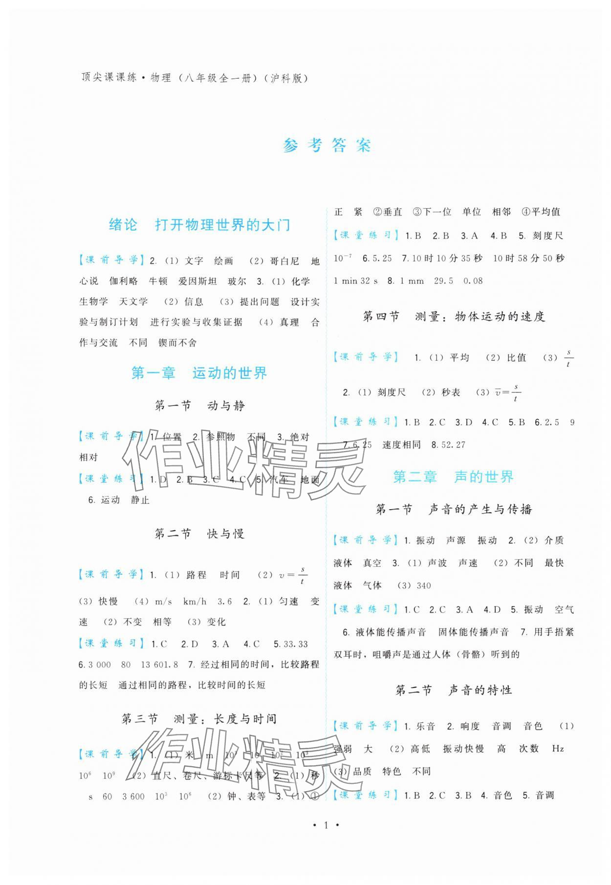 2025年顶尖课课练八年级物理全一册沪科版 第1页
