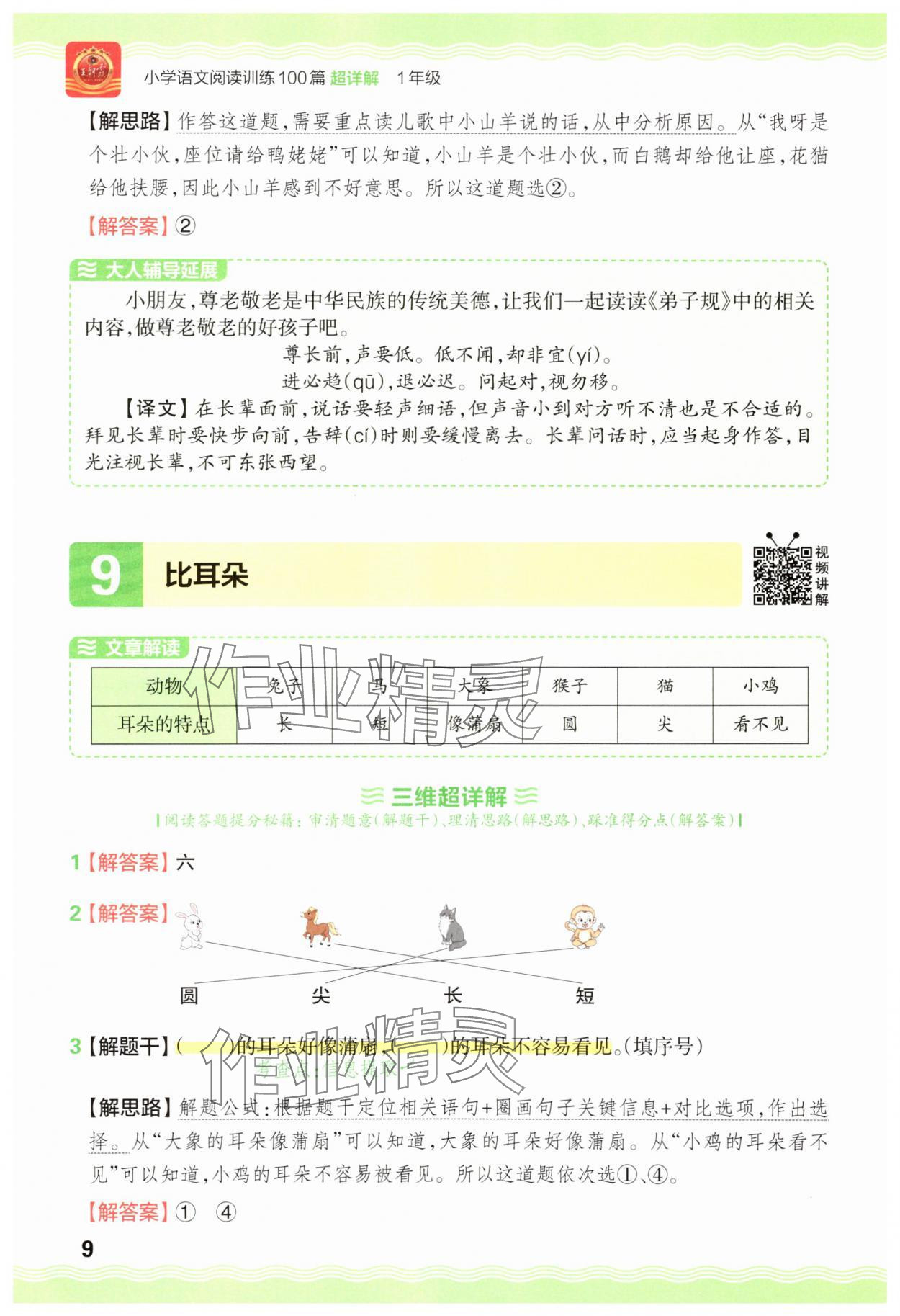 2025年王朝霞小学语文阅读训练100篇一年级语文&nbsp;参考答案第9页