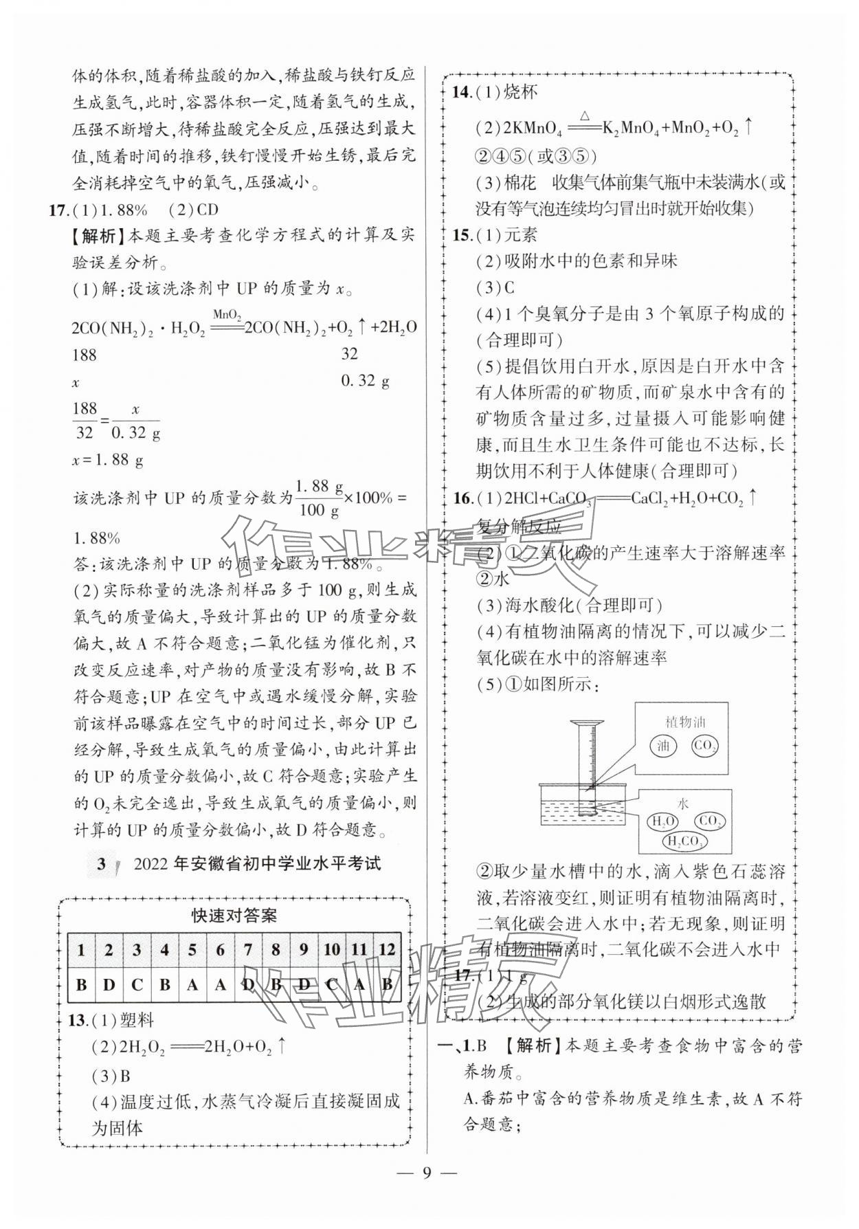 2025年秒殺中考安徽中考化學安徽專版 參考答案第9頁