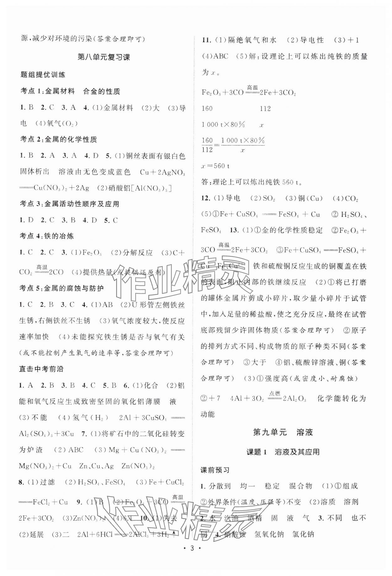 2025年課時提優(yōu)計劃作業(yè)本九年級化學(xué)下冊人教版 參考答案第3頁