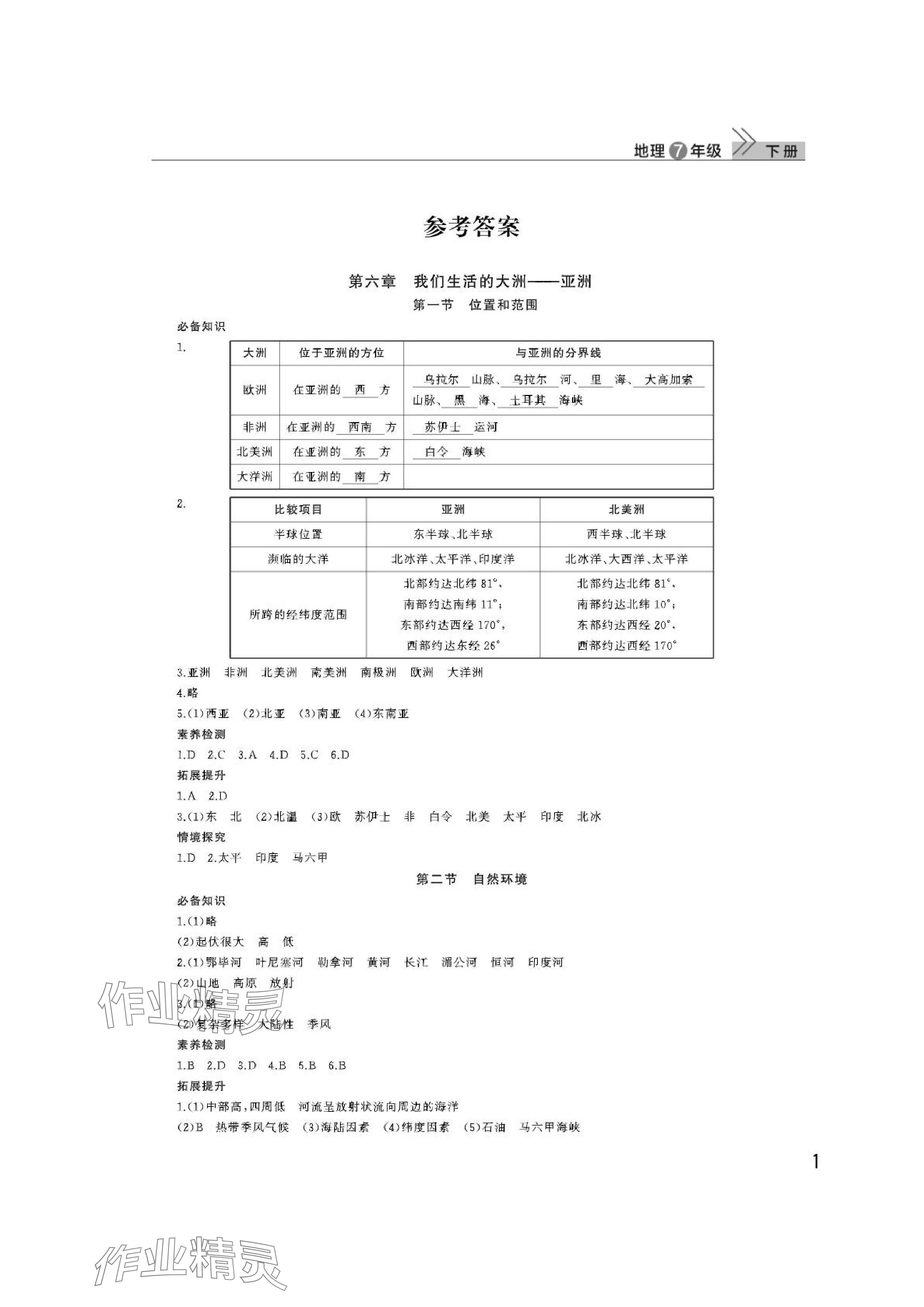 2024年课堂作业武汉出版社七年级地理下册人教版 参考答案第1页