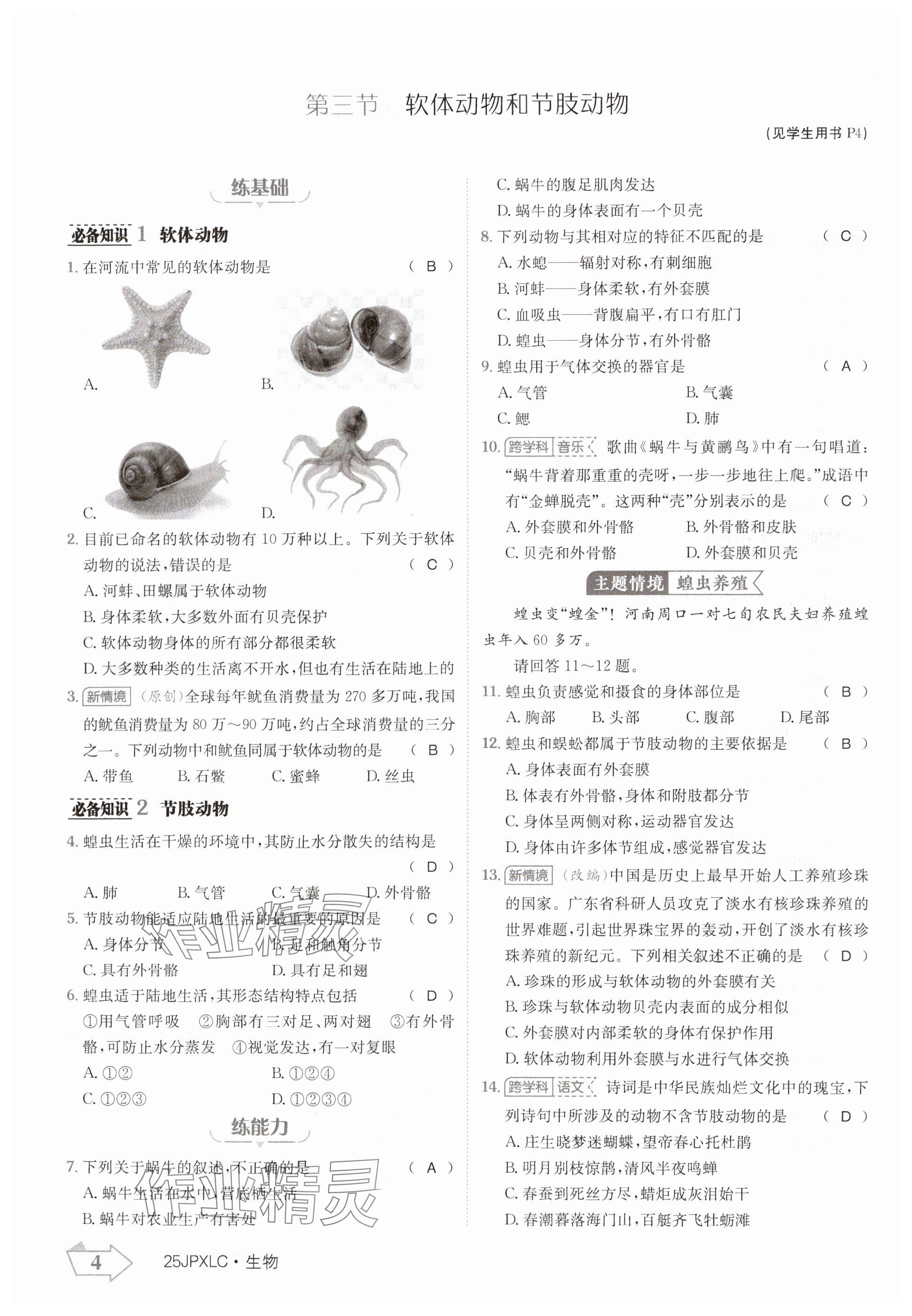 2024年金牌學練測八年級生物上冊人教版 參考答案第4頁