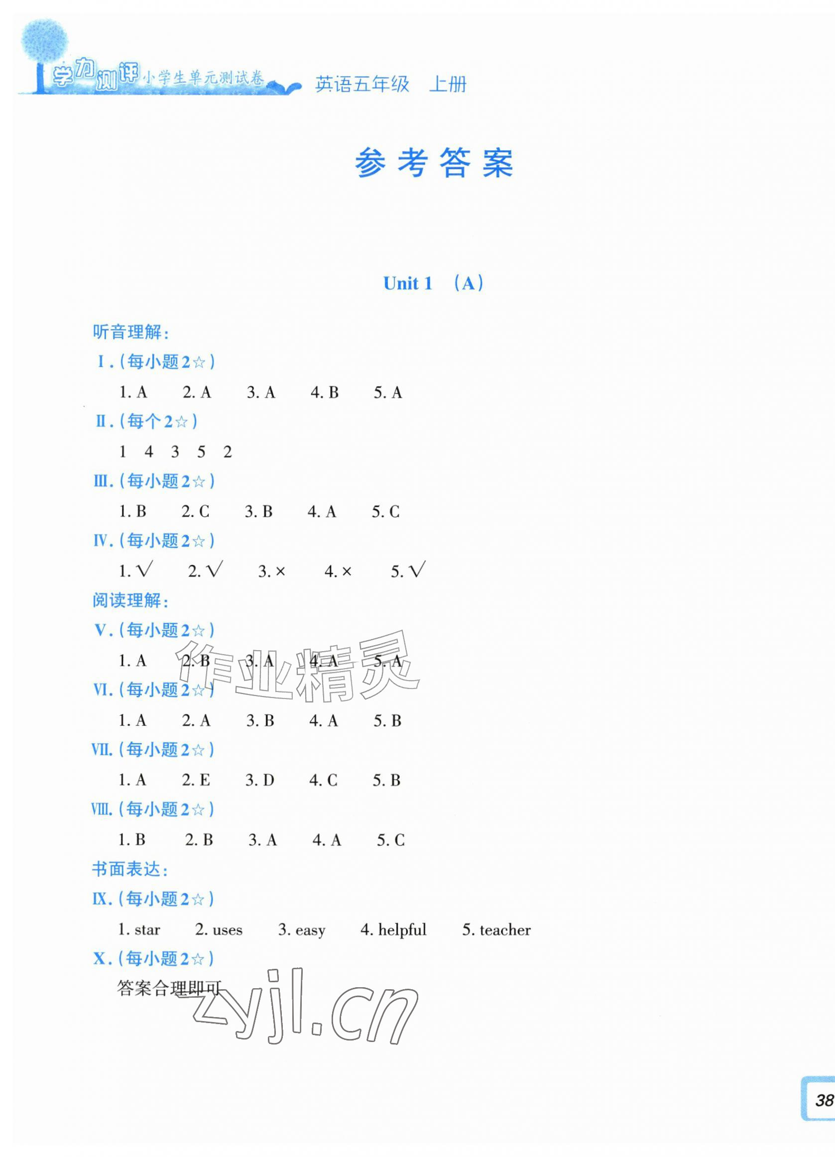 2026年学力测评小学生单元测试卷五年级英语上册人教版&nbsp;参考答案第1页