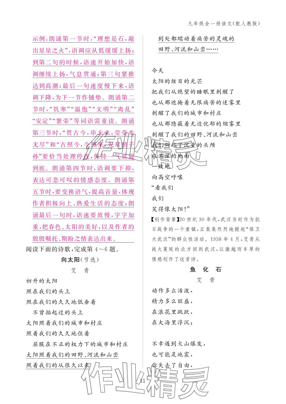 2025年作业本江西教育出版社九年级语文全一册人教版 参考答案第11页