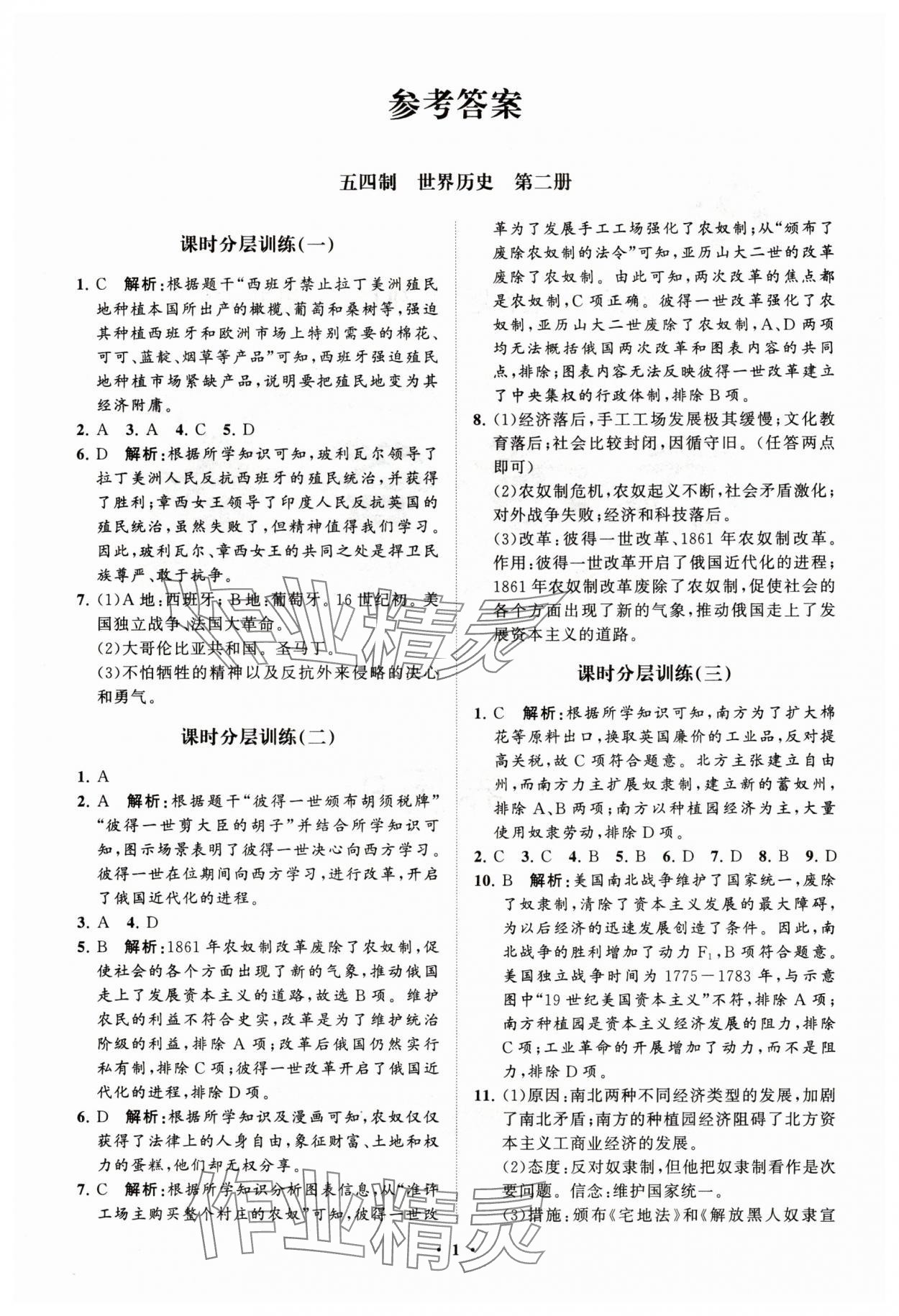 2025年同步练习册分层卷世界历史第二册人教版54制 参考答案第1页