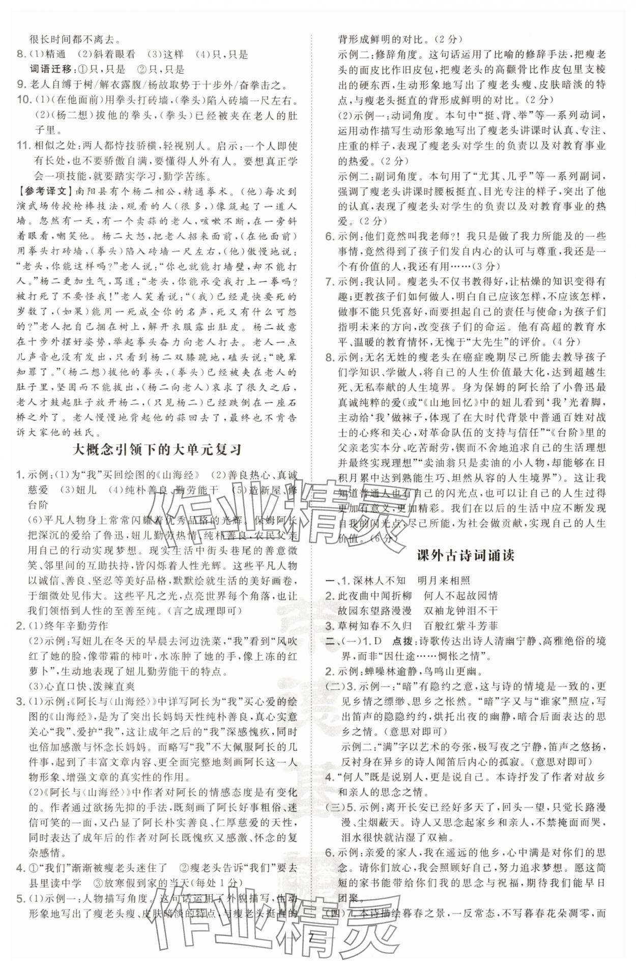 2025年點(diǎn)撥訓(xùn)練七年級(jí)語文下冊(cè)人教版寧夏專版 參考答案第7頁