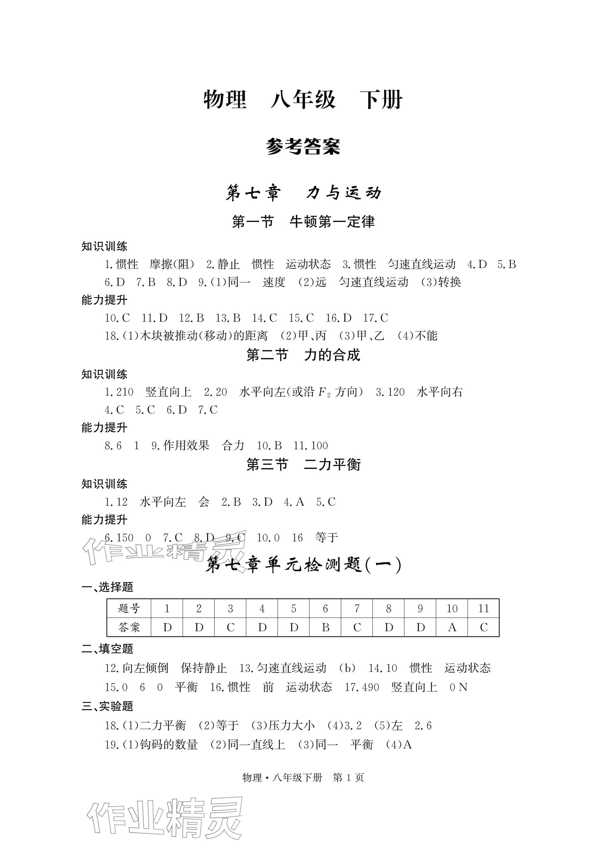 2026年自主学习指导课程与测试八年级物理下册沪科版&nbsp;参考答案第1页