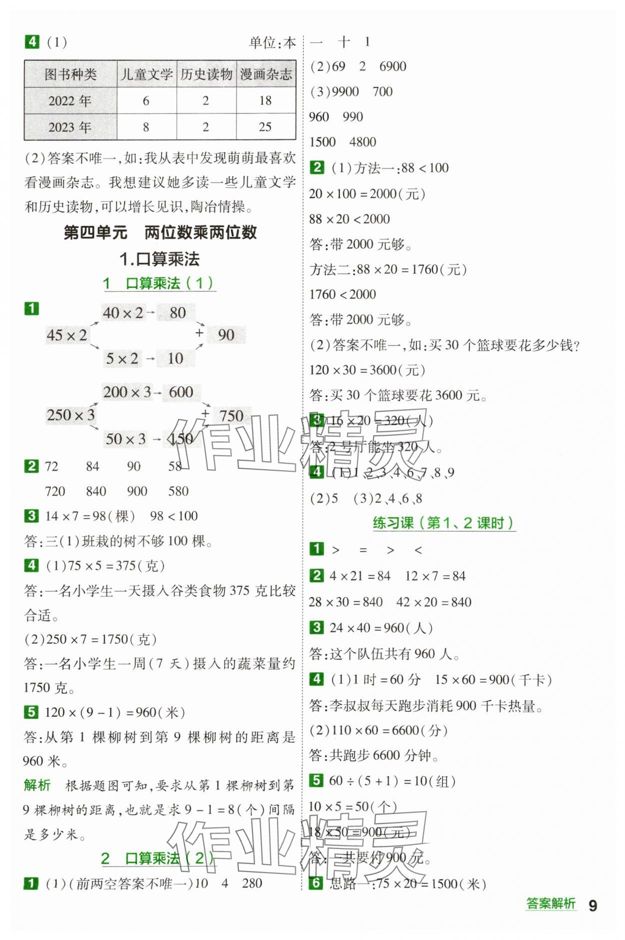 2024年一遍过三年级小学数学下册人教版 参考答案第9页