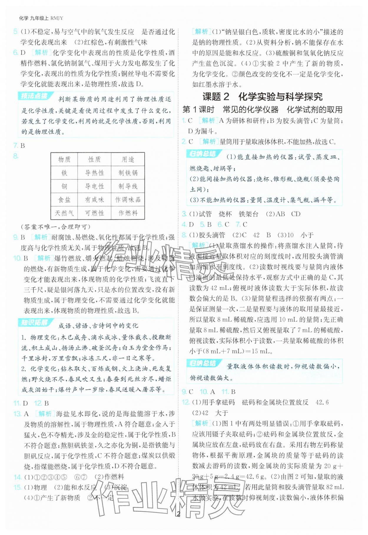 2024年1课3练单元达标测试九年级化学上册人教版 参考答案第2页