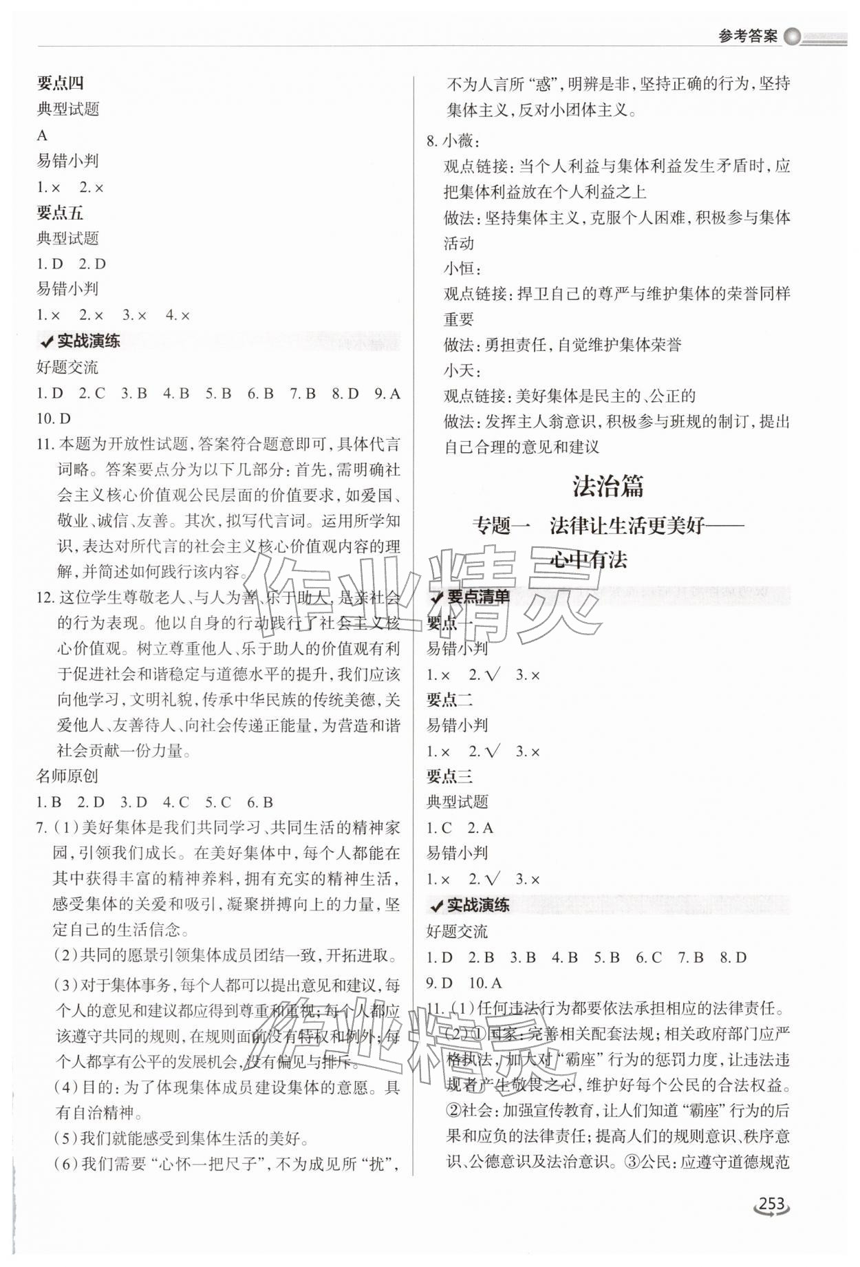 2026年初中总复习手册泰山出版社道德与法治&nbsp;参考答案第4页