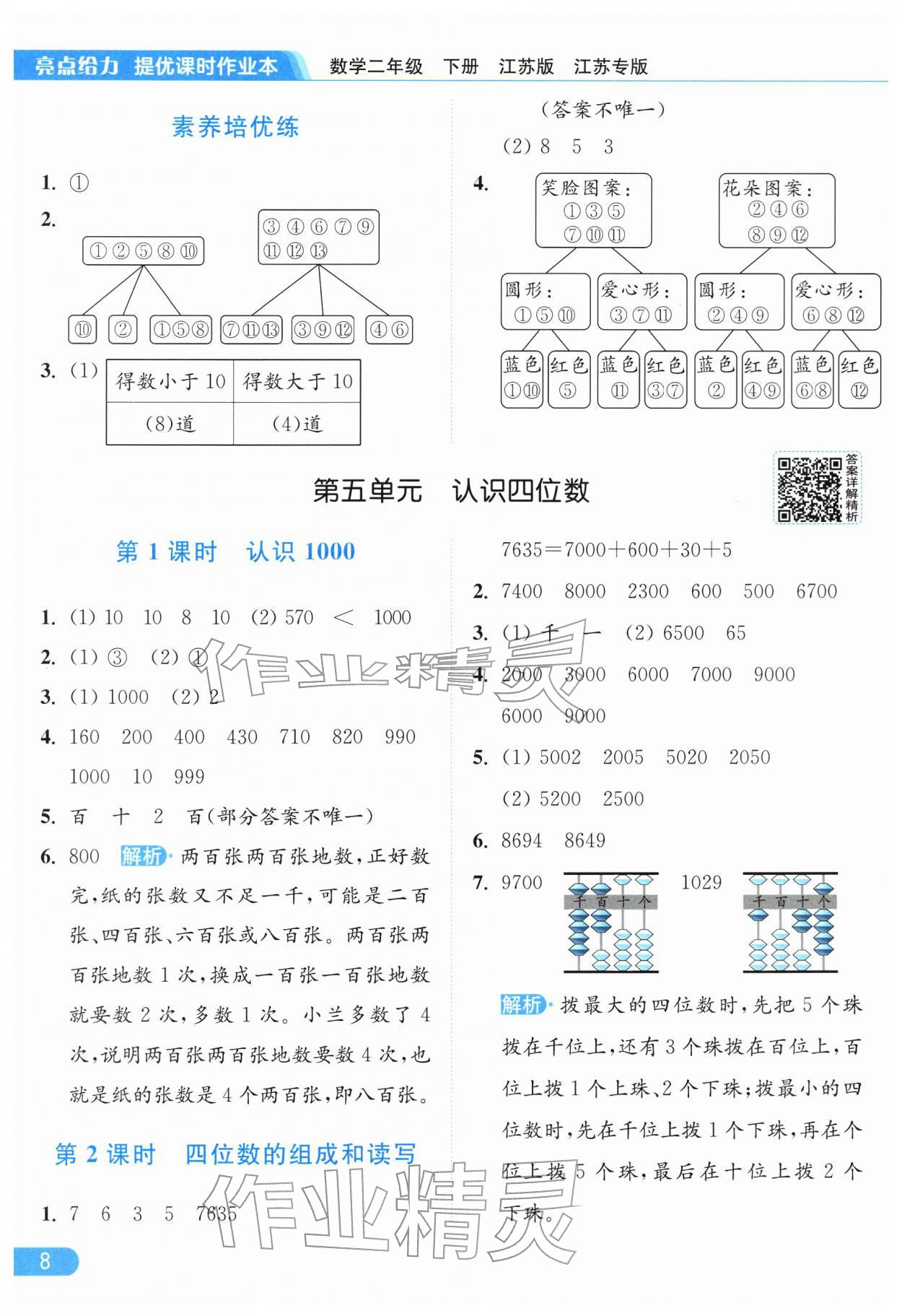 2026年亮点给力提优课时作业本二年级数学下册苏教版江苏专版&nbsp;参考答案第8页
