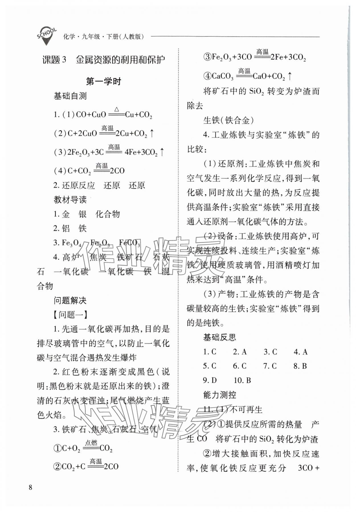 2024年新课程问题解决导学方案九年级化学下册人教版 参考答案第8页