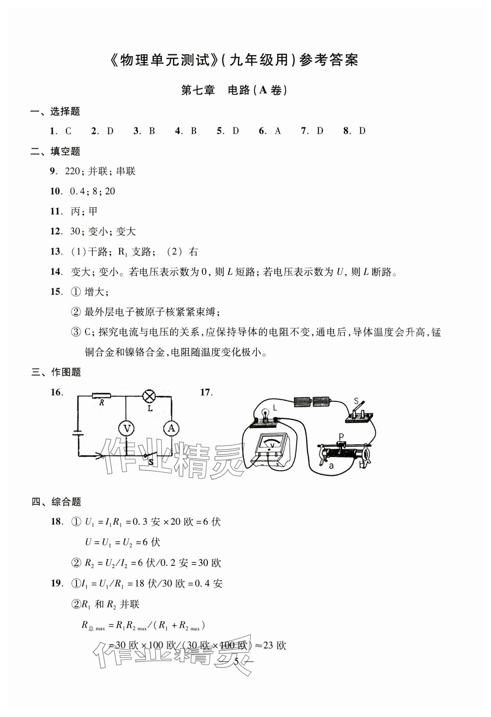 2023年双基过关堂堂练九年级物理全一册沪教版五四制 参考答案第5页