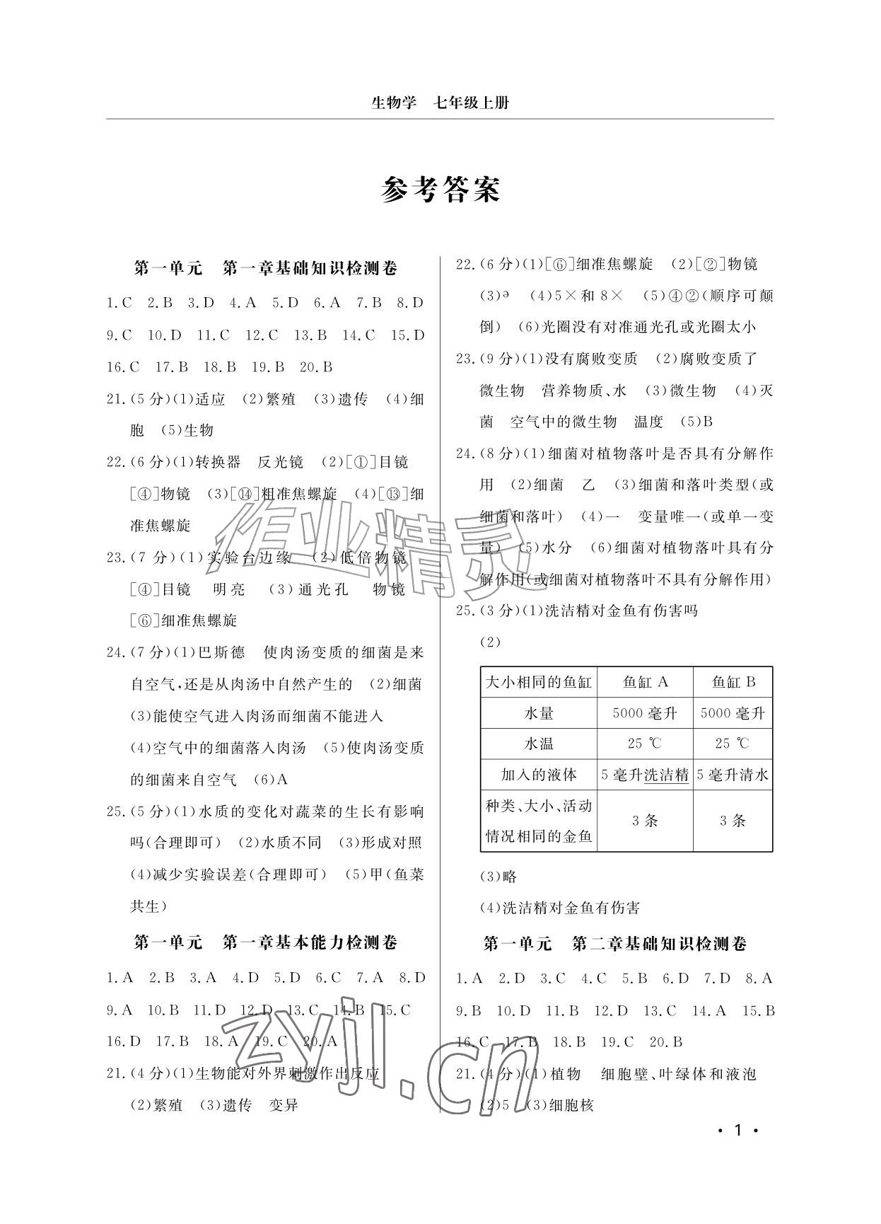 2026年同步练习册分层检测卷七年级生物上册济南版&nbsp;参考答案第1页
