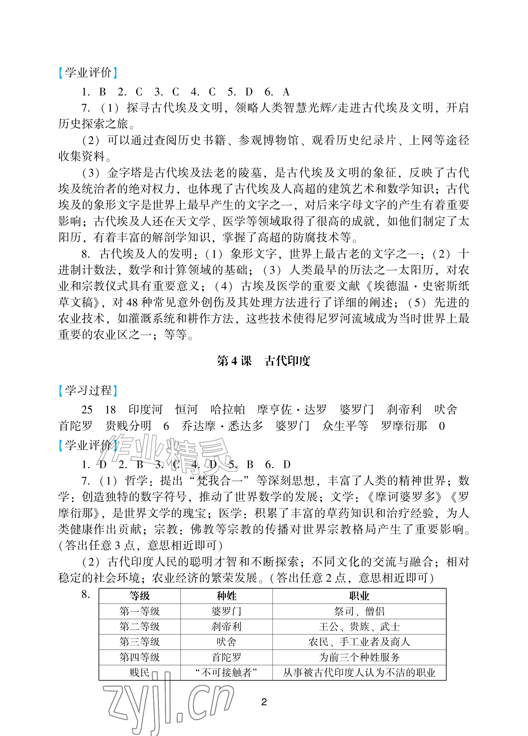 2026年阳光学业评价九年级历史上册人教版&nbsp;参考答案第2页