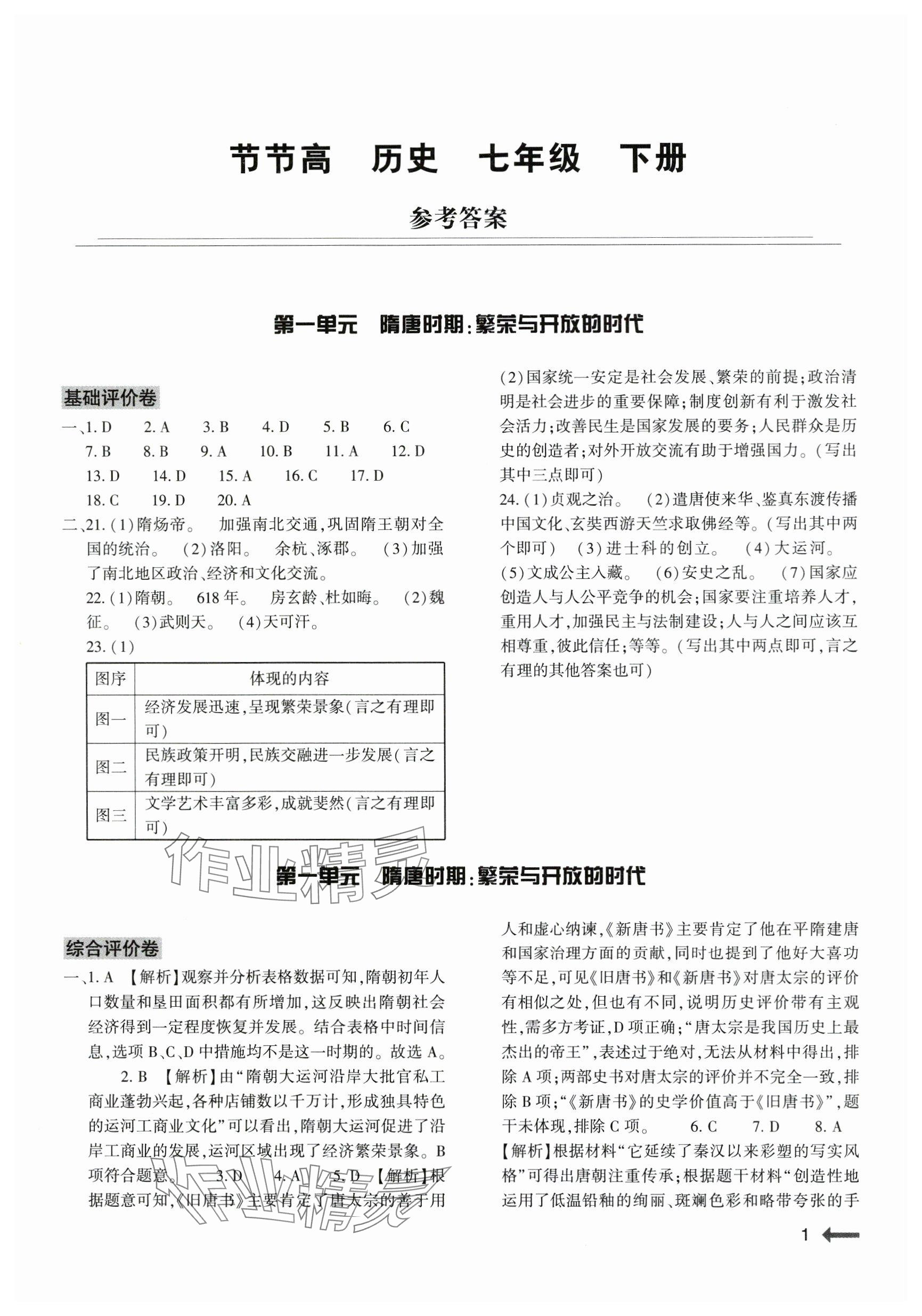 2024年節(jié)節(jié)高大象出版社七年級歷史下冊人教版 參考答案第1頁