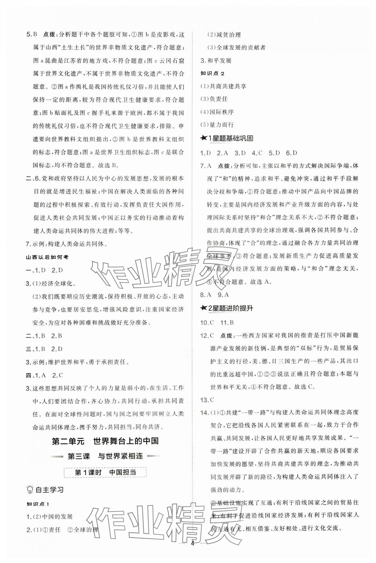 2025年点拨训练九年级道德与法治下册人教版山西专版 参考答案第4页