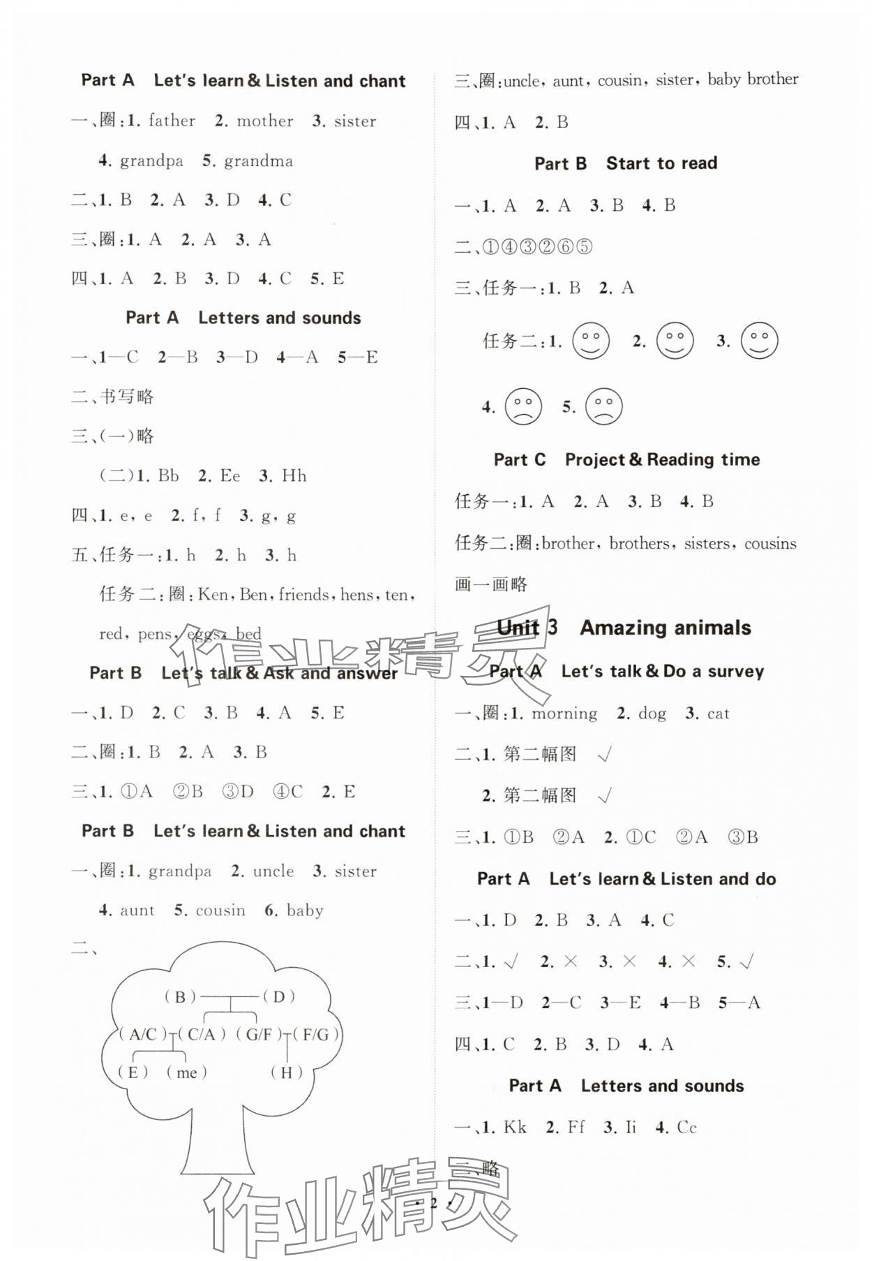 2024年同步練習(xí)冊分層指導(dǎo)三年級英語上冊人教版 參考答案第2頁