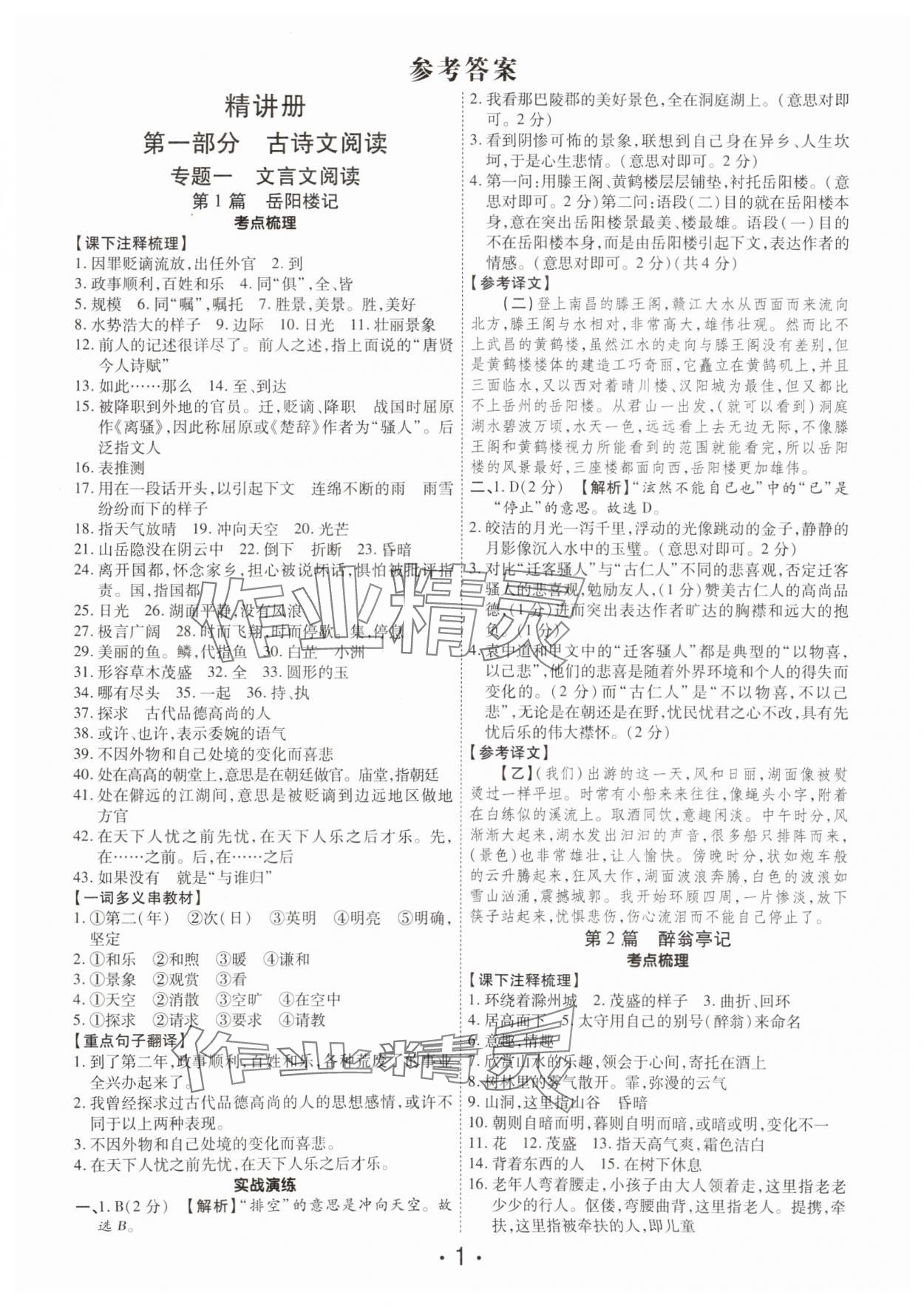 2025年理想中考语文中考河南专版 参考答案第1页