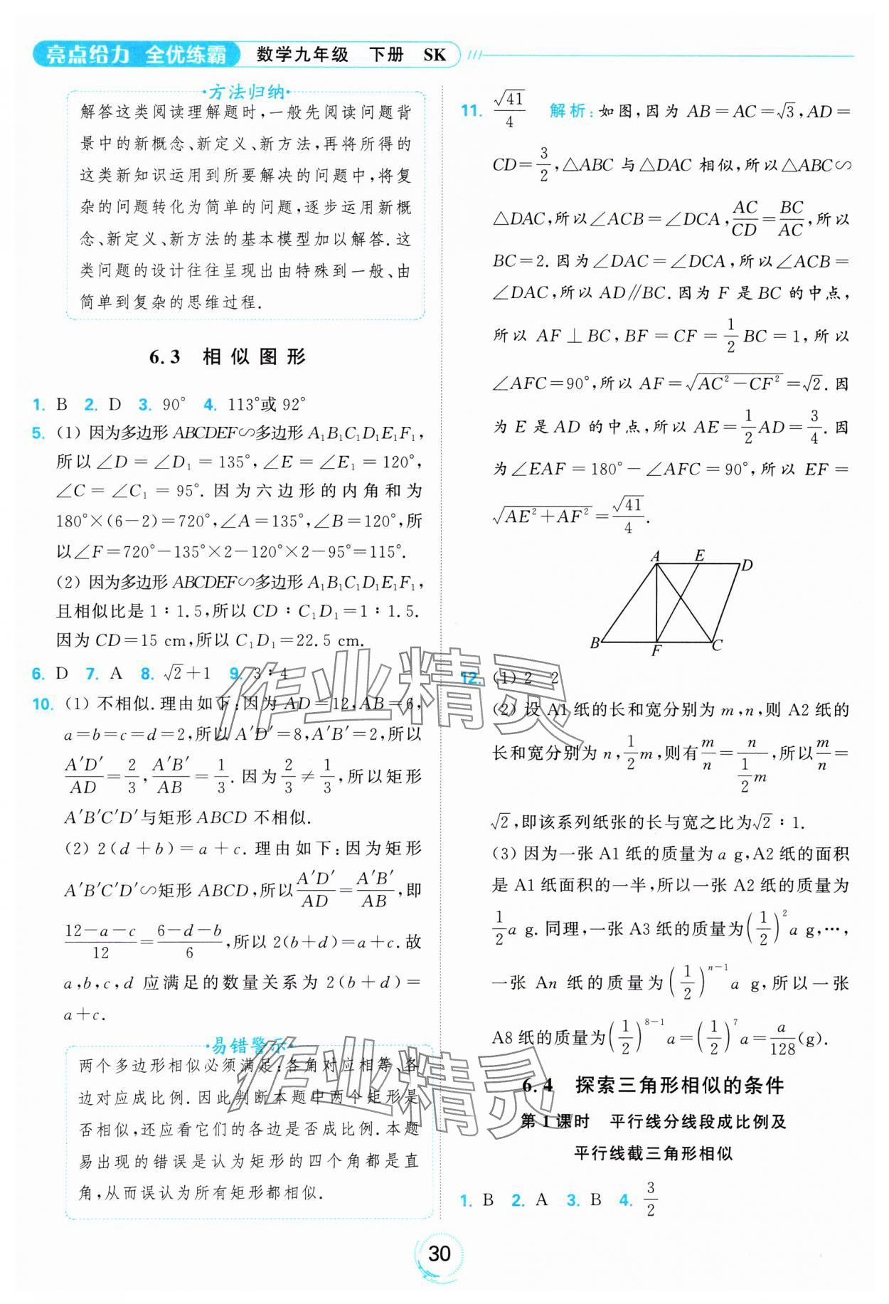 2025年亮點給力全優(yōu)練霸九年級數(shù)學下冊蘇科版 參考答案第30頁