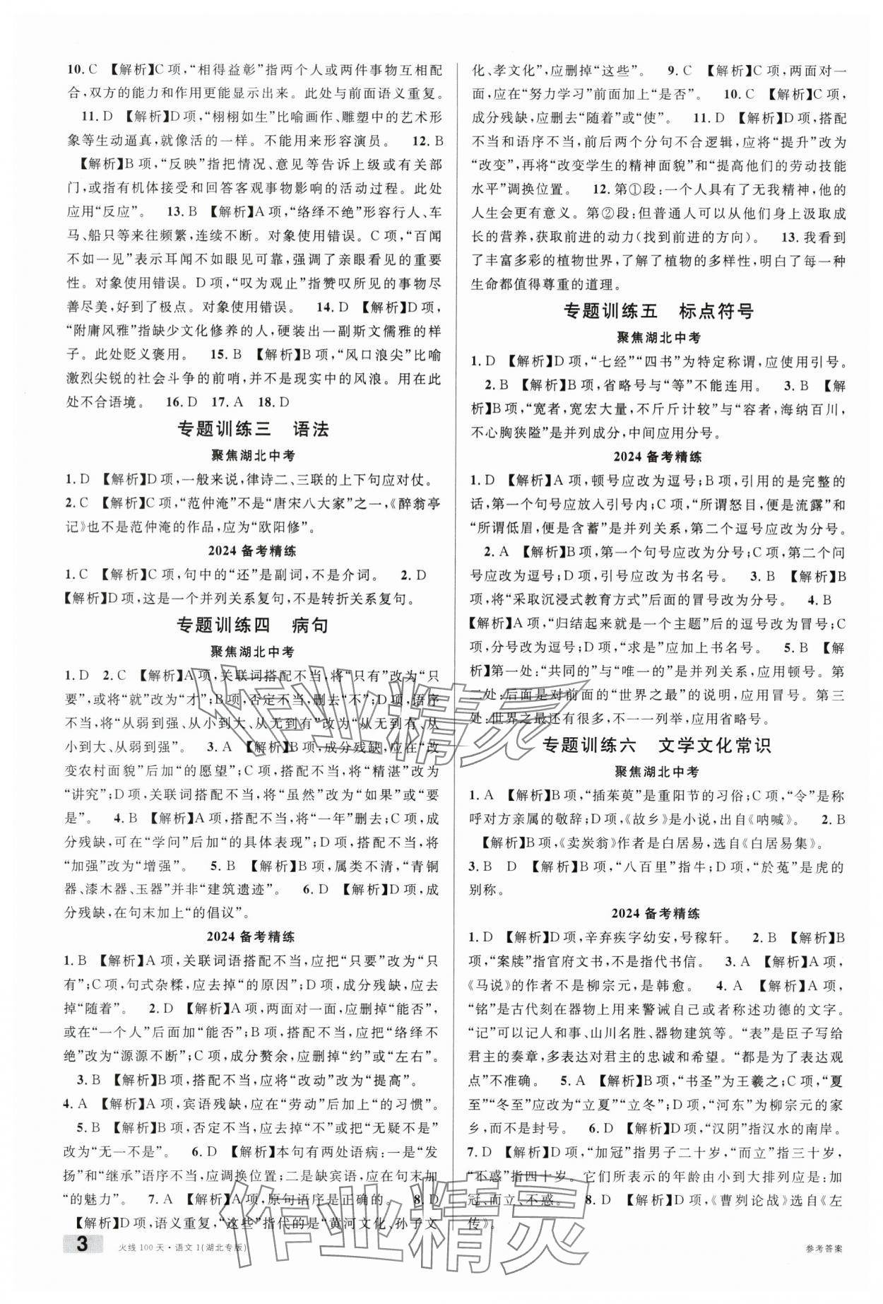2024年火線100天語文湖北專版 參考答案第3頁