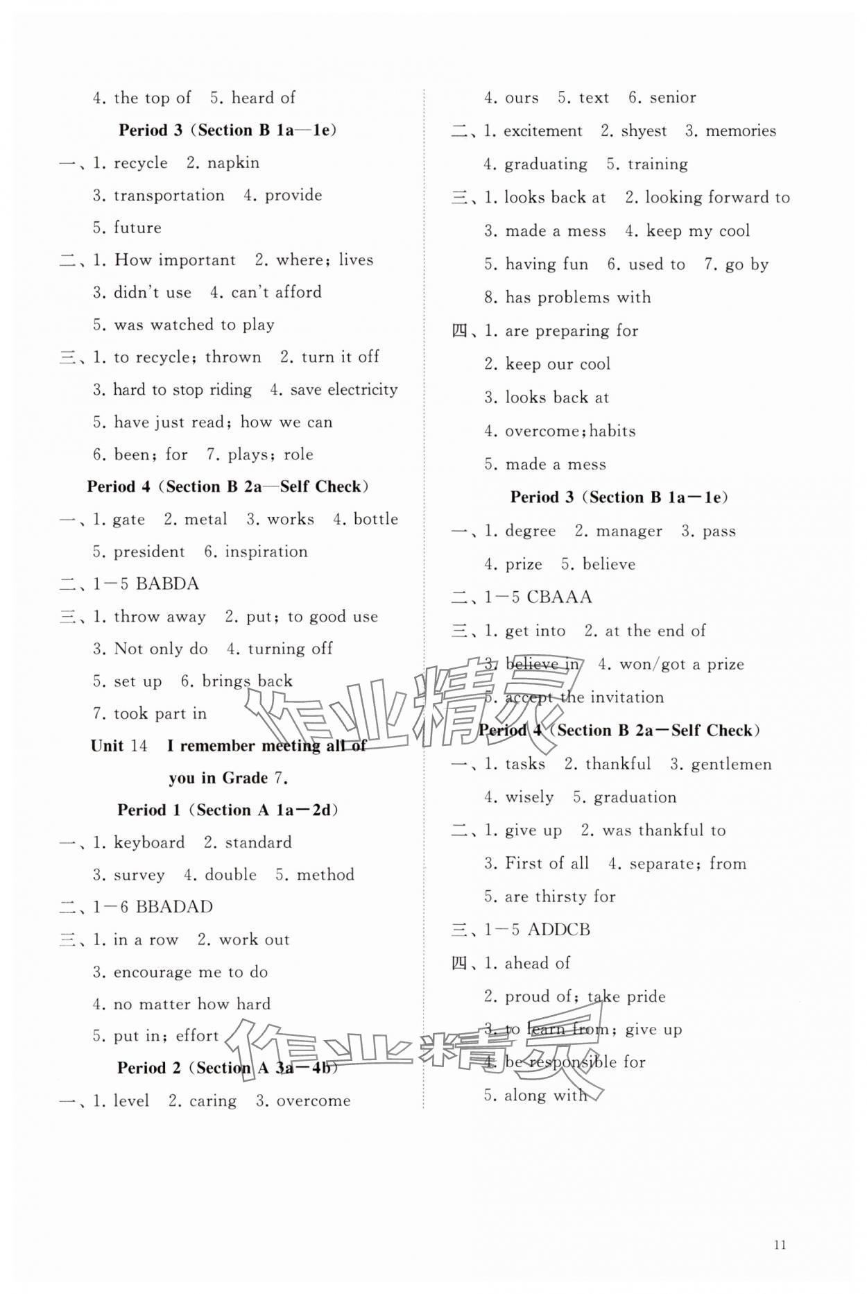 2023年同步練習(xí)冊(cè)智慧作業(yè)九年級(jí)英語(yǔ)全一冊(cè)人教版 參考答案第11頁(yè)