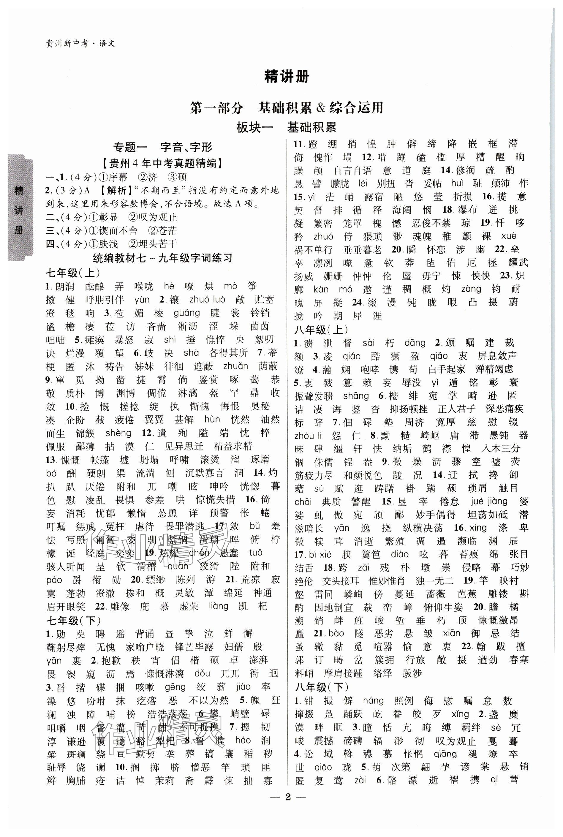 2024年練客新中考新思路語文貴州專版 參考答案第1頁