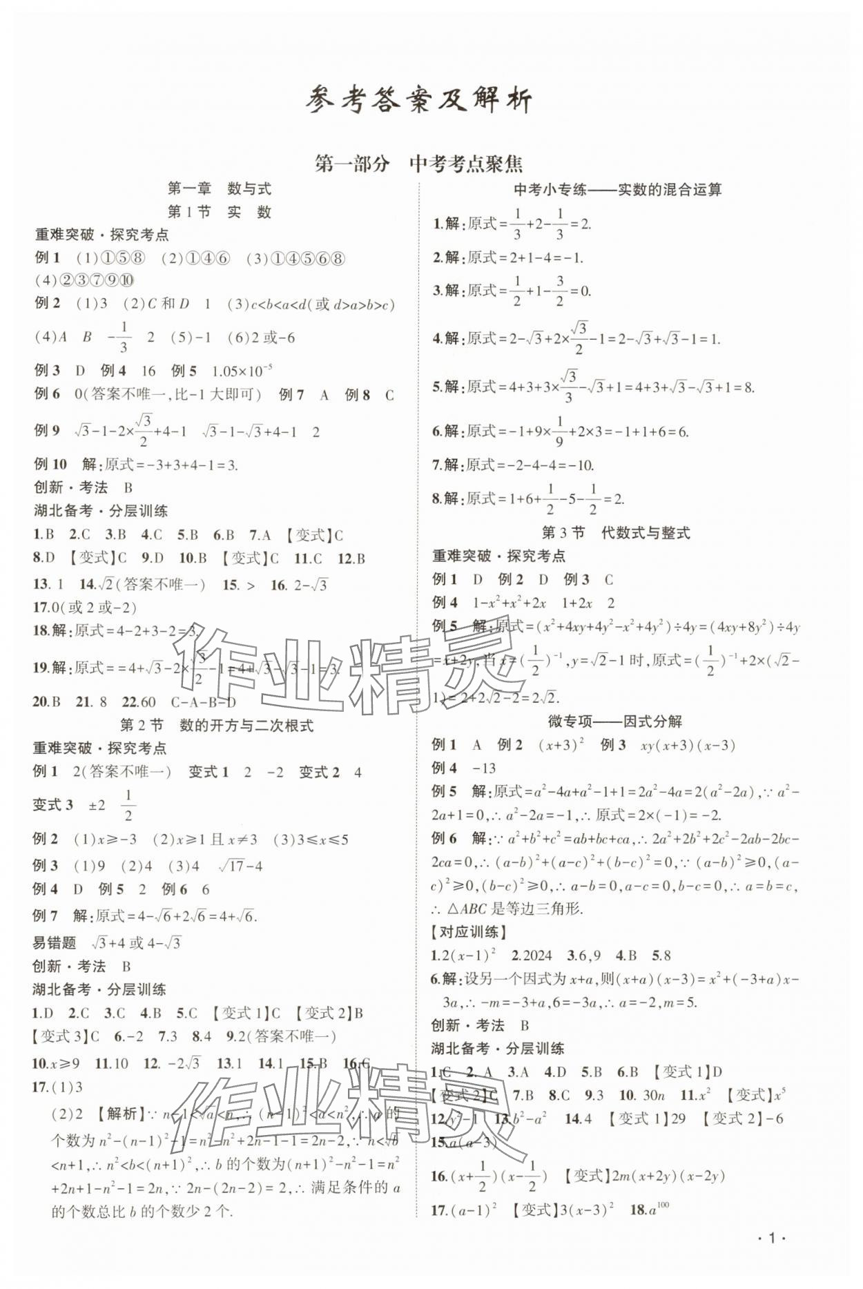 2025年聚焦中考數(shù)學(xué)中考湖北專版 參考答案第1頁(yè)