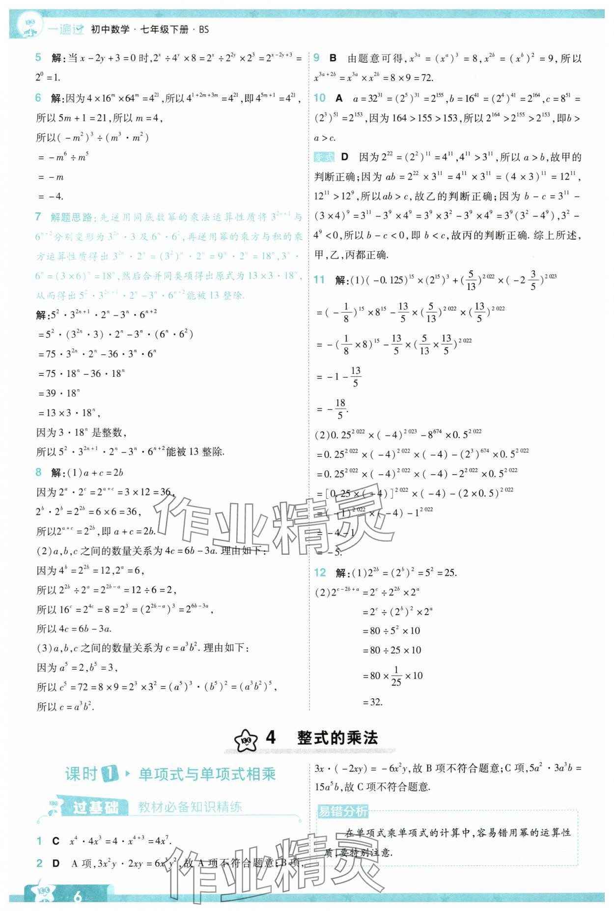 2024年一遍过七年级数学下册北师大版 参考答案第6页