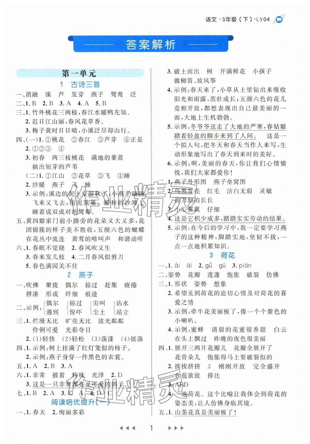 2024年細(xì)解巧練三年級語文下冊人教版 參考答案第1頁