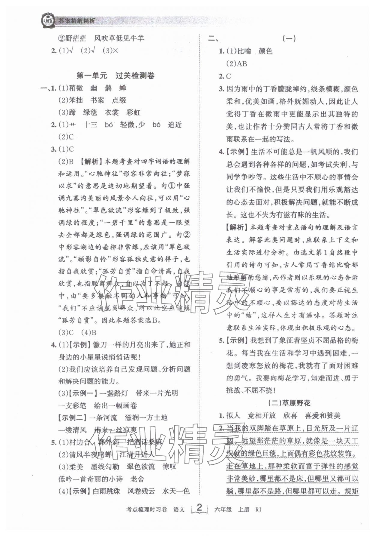 2024年王朝霞考點梳理時習(xí)卷六年級語文上冊人教版 第2頁