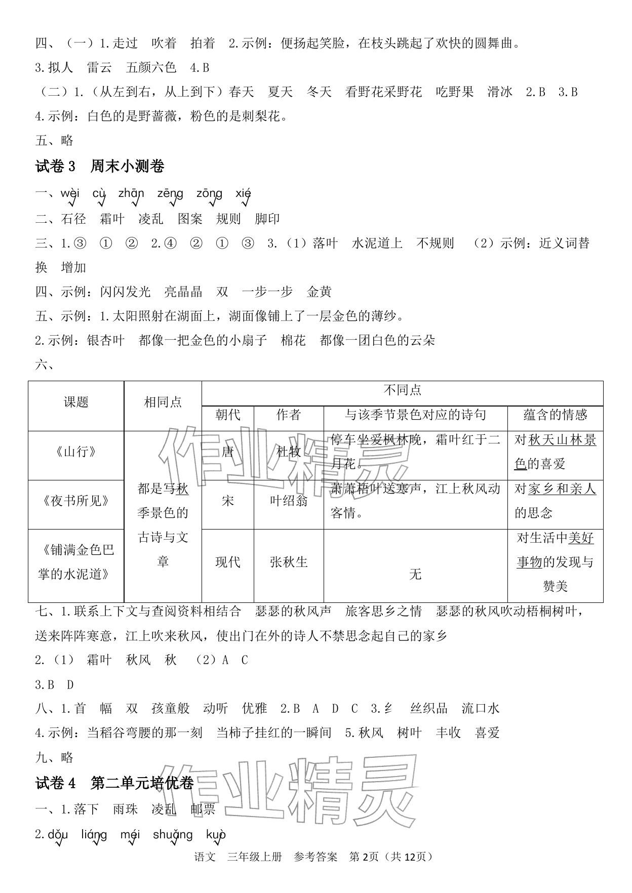 2025年四清活頁卷三年級語文上冊人教版&nbsp;參考答案第2頁