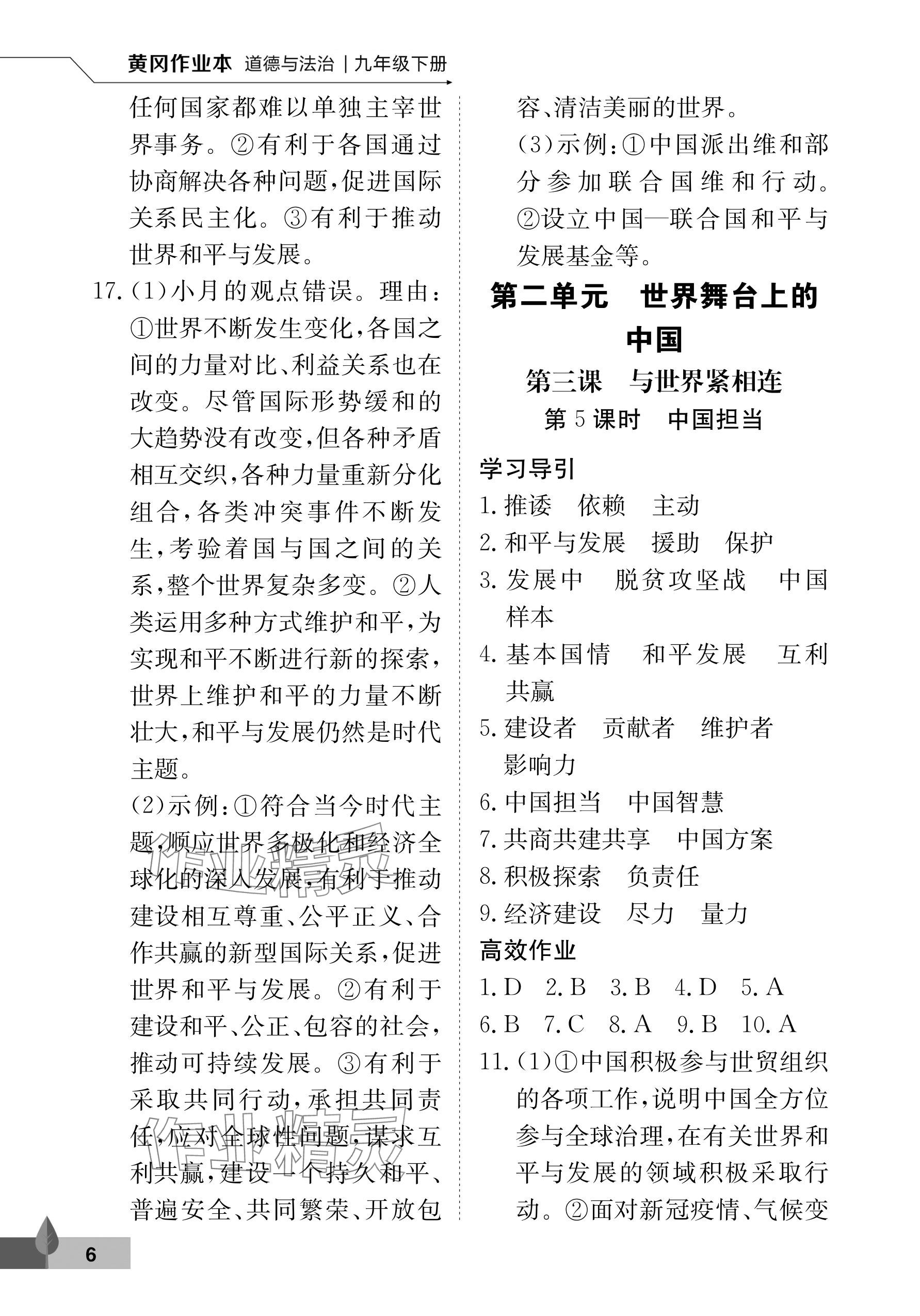 2025年黃岡作業(yè)本武漢大學出版社九年級道德與法治下冊人教版 參考答案第6頁