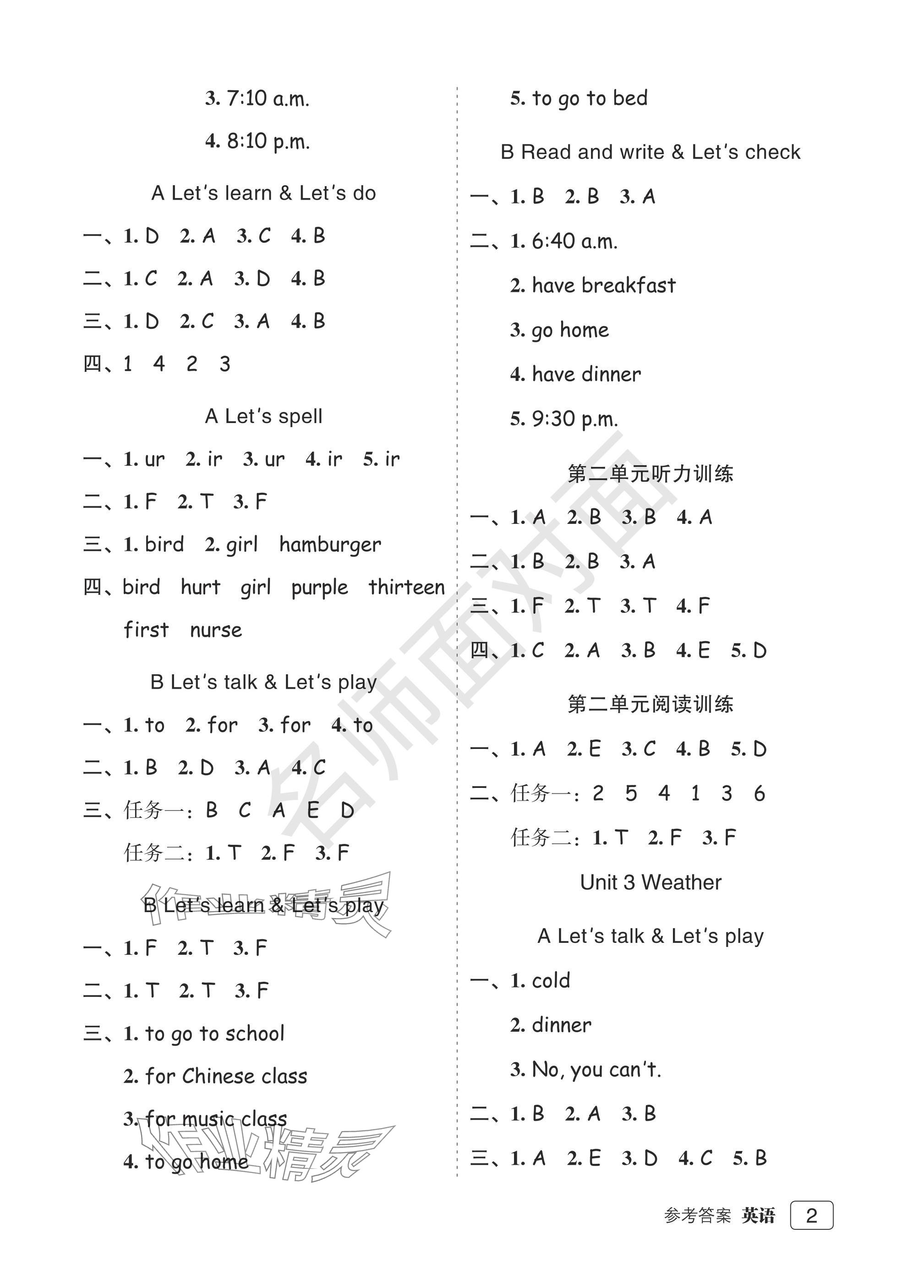 2025年名師面對面先學(xué)后練四年級英語下冊人教版評議教輔 參考答案第2頁