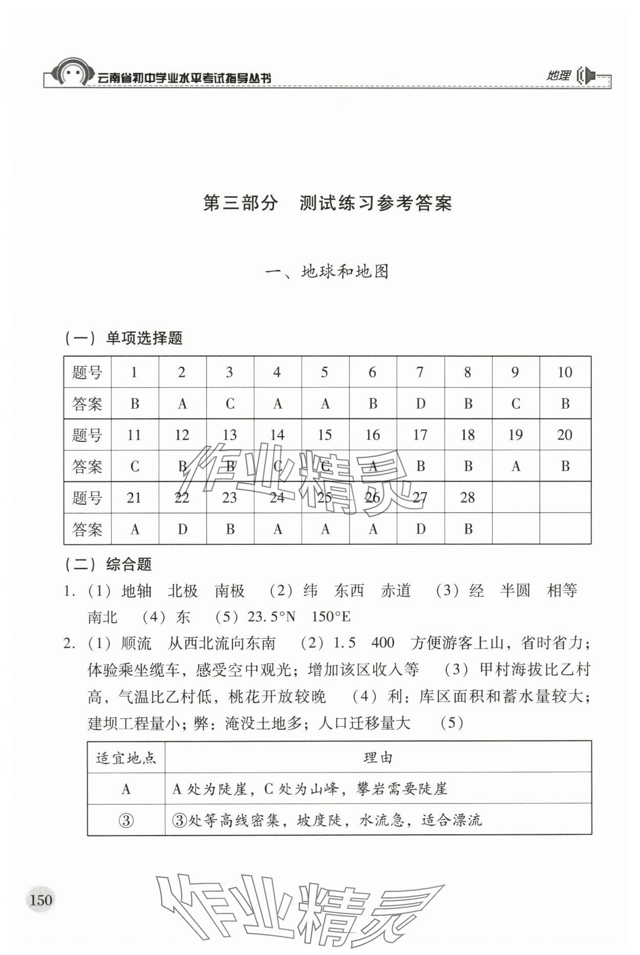 2024年云南省初中學(xué)業(yè)水平考試指導(dǎo)叢書地理中考 參考答案第1頁