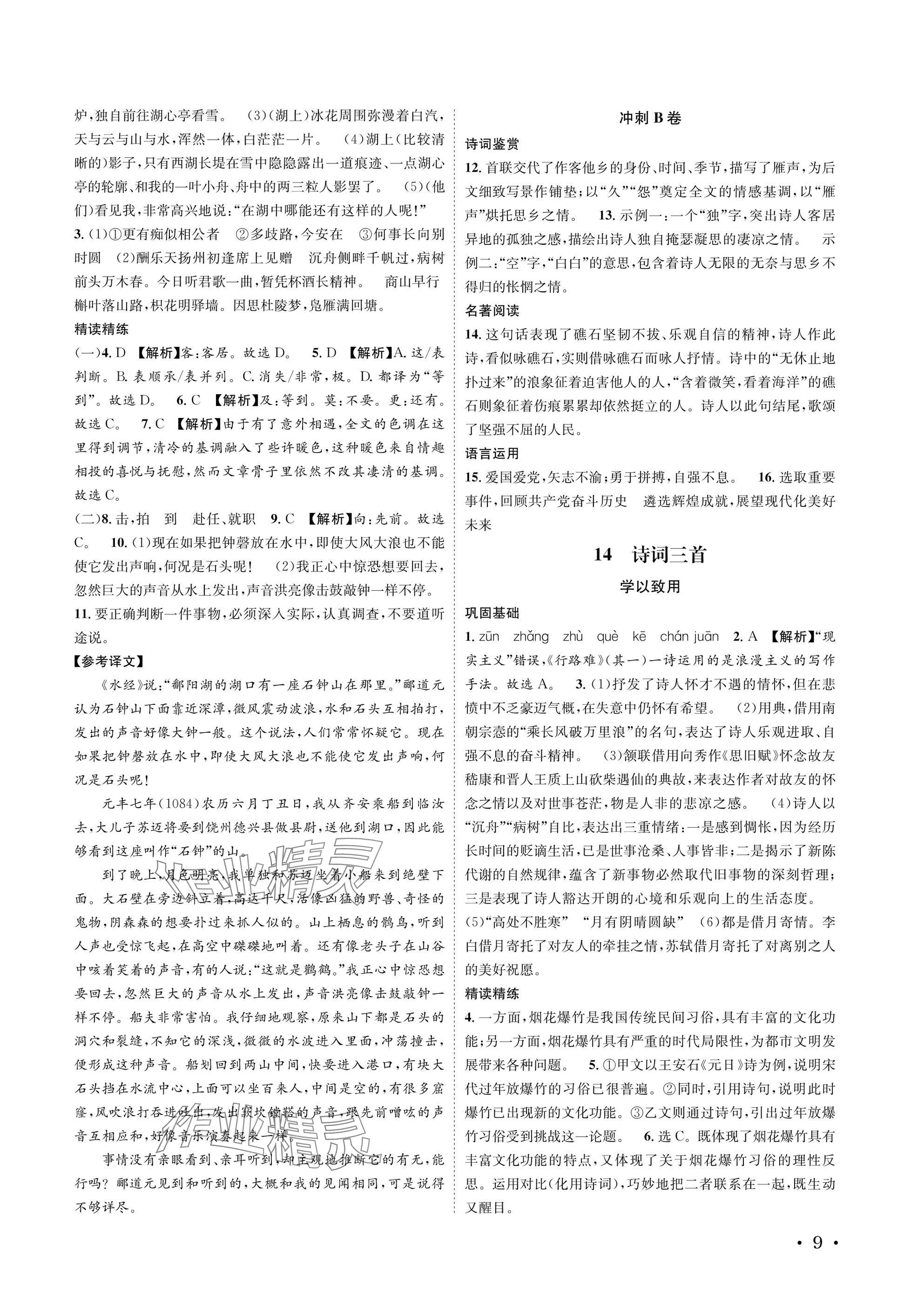 2025年蓉城学霸九年级语文上册人教版 参考答案第9页