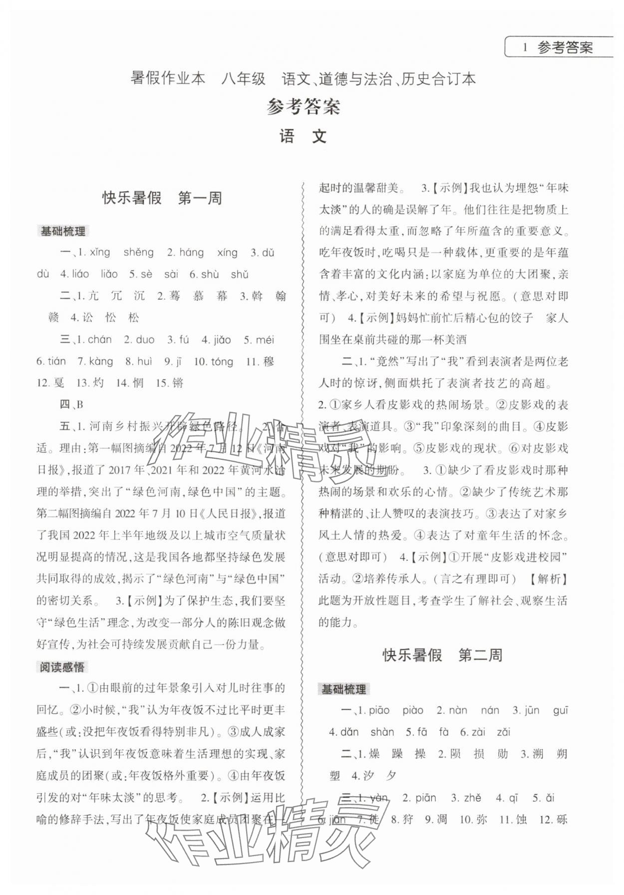 2024年暑假作業(yè)本大象出版社八年級(jí)語文道德與法治歷史合訂本 第1頁