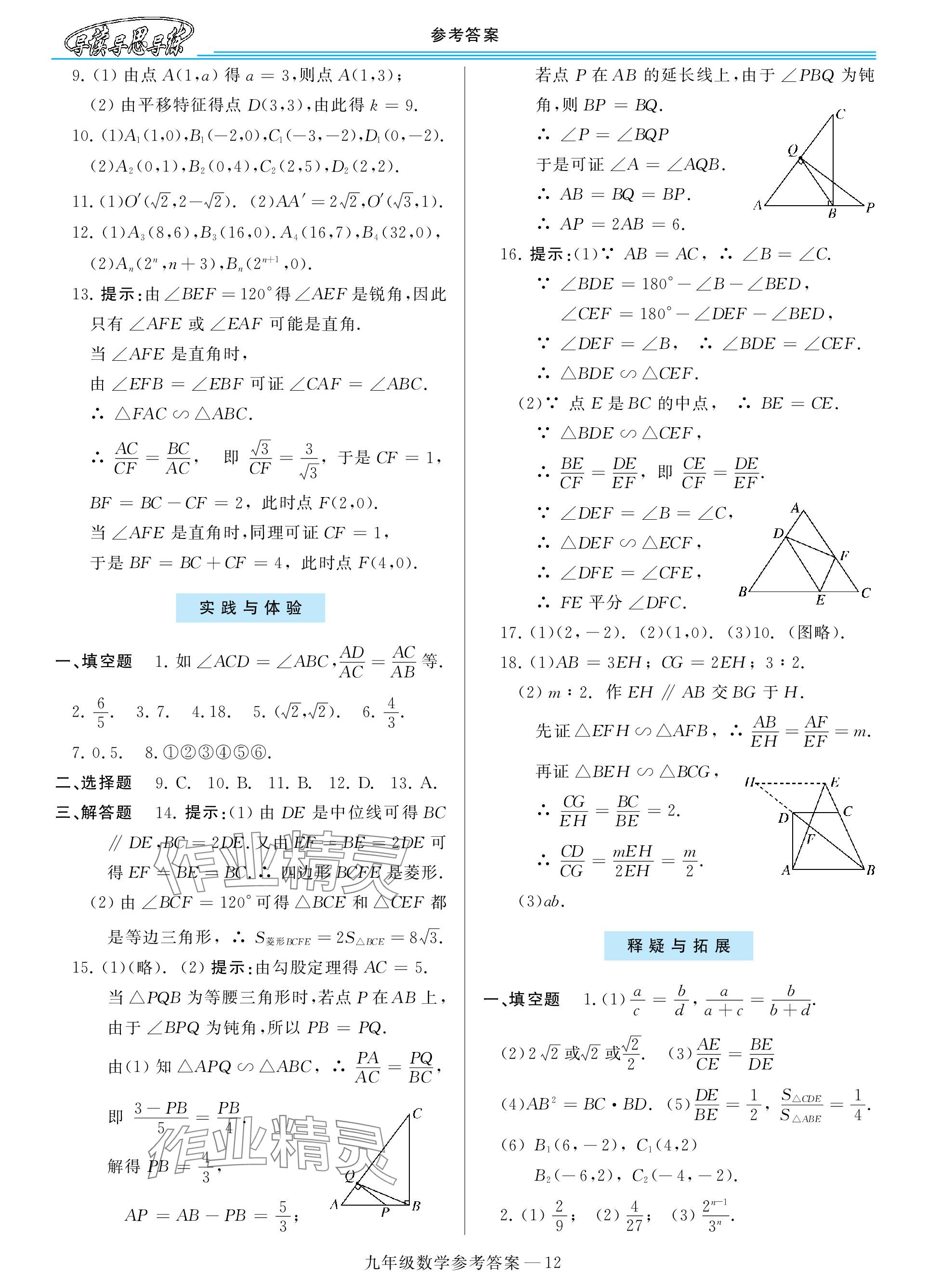 2023年新課程學(xué)習(xí)指導(dǎo)九年級數(shù)學(xué)全一冊華師大版 參考答案第12頁