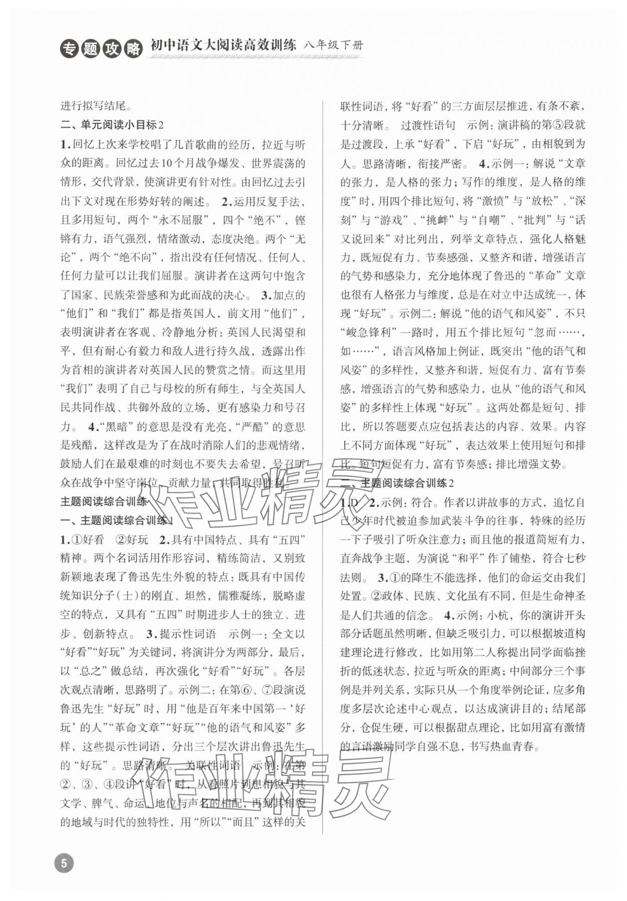 2025年初中語文大閱讀高效訓(xùn)練八年級(jí)下冊(cè) 參考答案第5頁