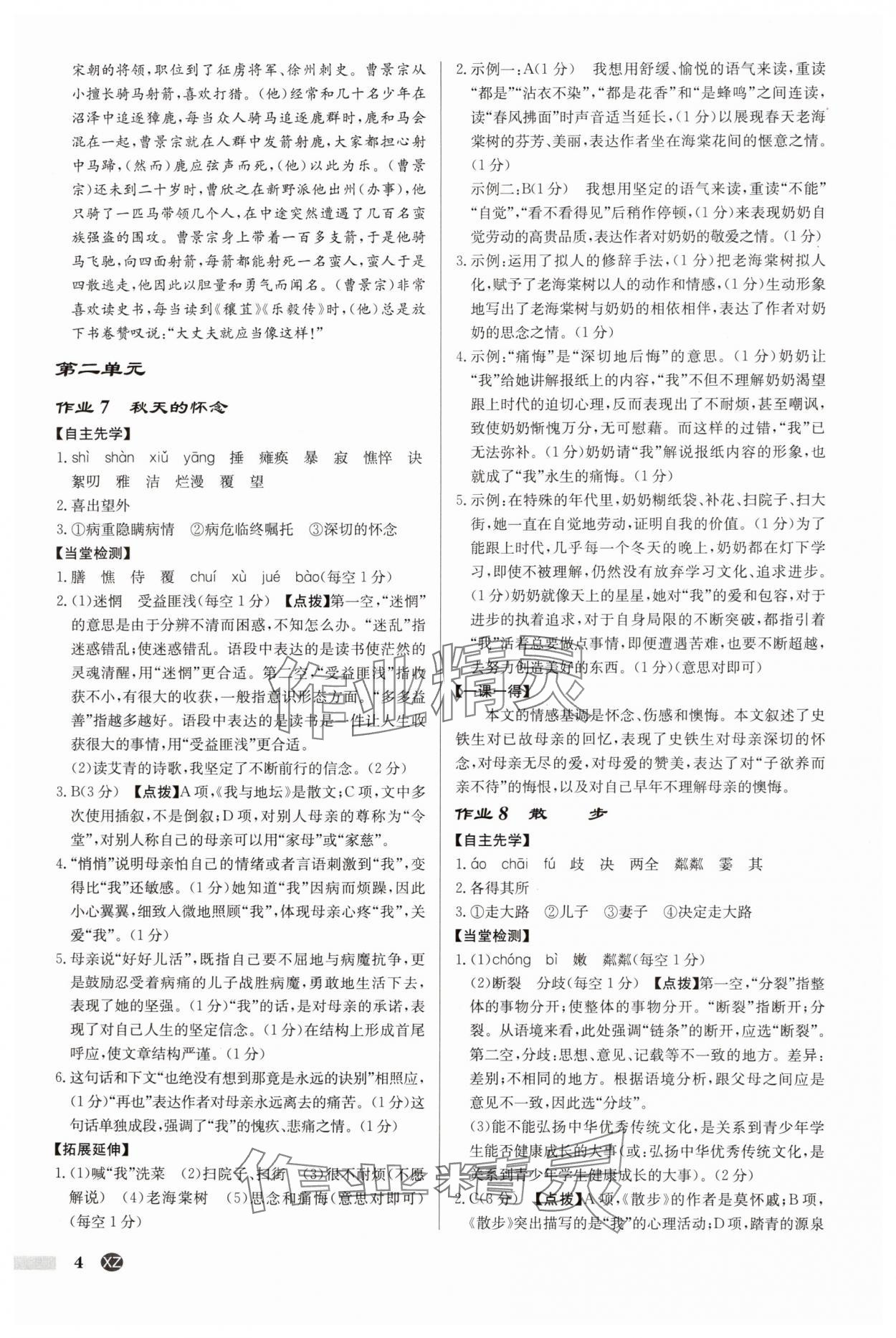 2025年啟東中學作業本七年級語文上冊人教版徐州專版 參考答案第4頁