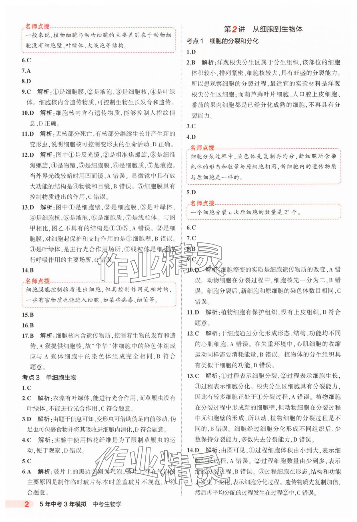 2025年5年中考3年模擬生物中考山東專版 參考答案第2頁