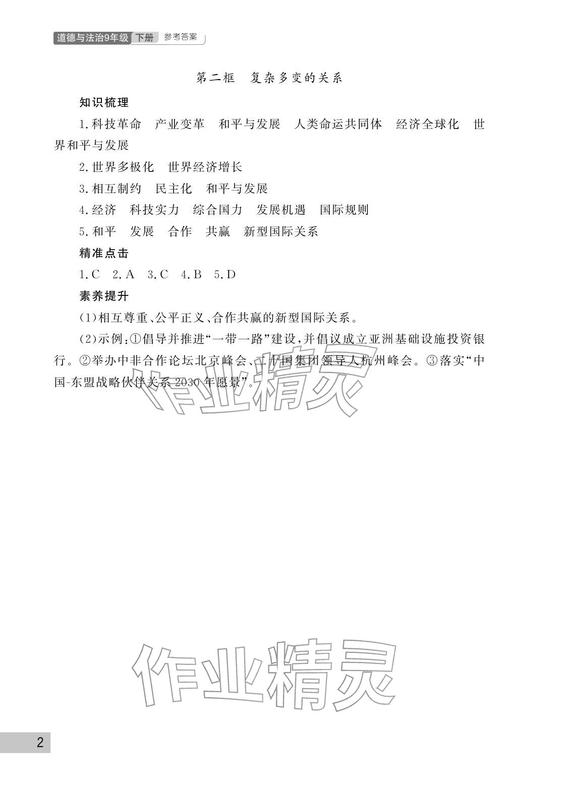 2026年课堂作业武汉出版社九年级道德与法治下册人教版&nbsp;参考答案第2页