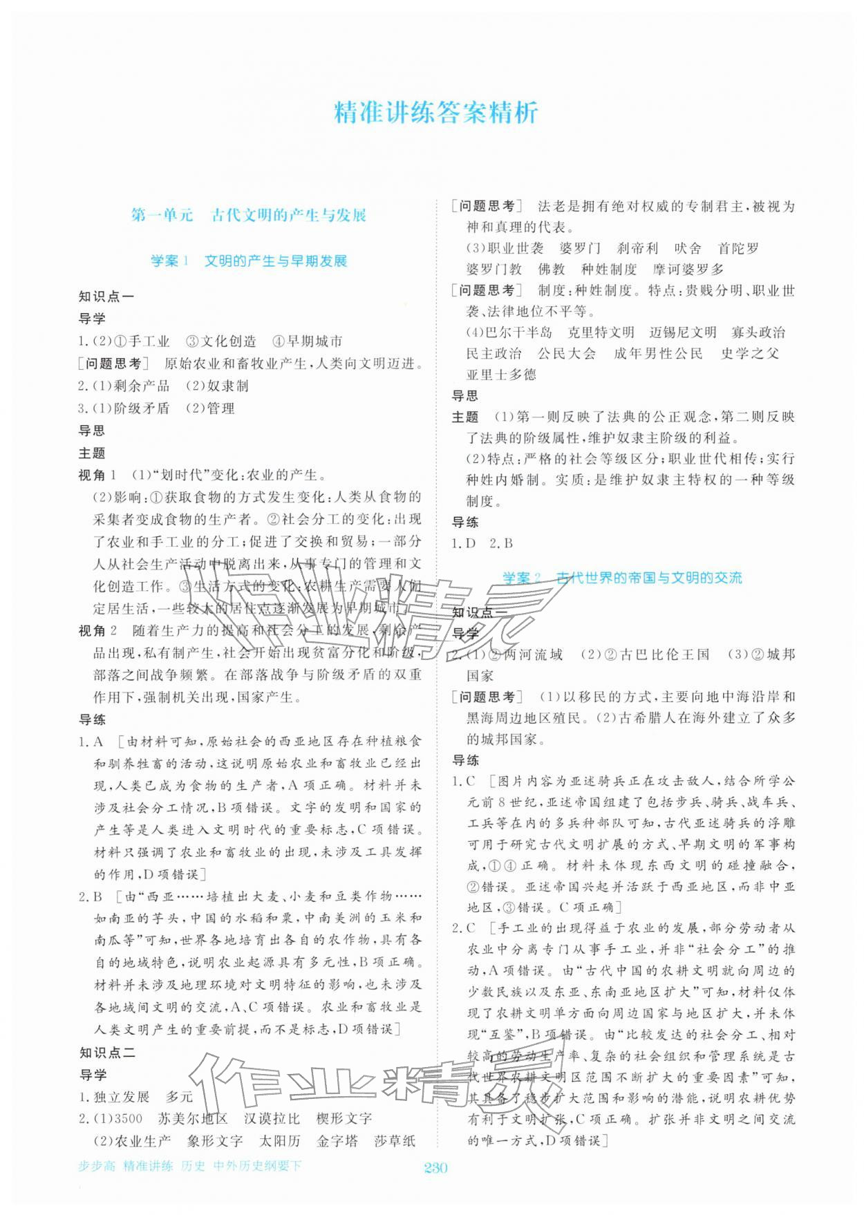 2026年步步高精准讲练高中历史必修下册人教版&nbsp;参考答案第1页