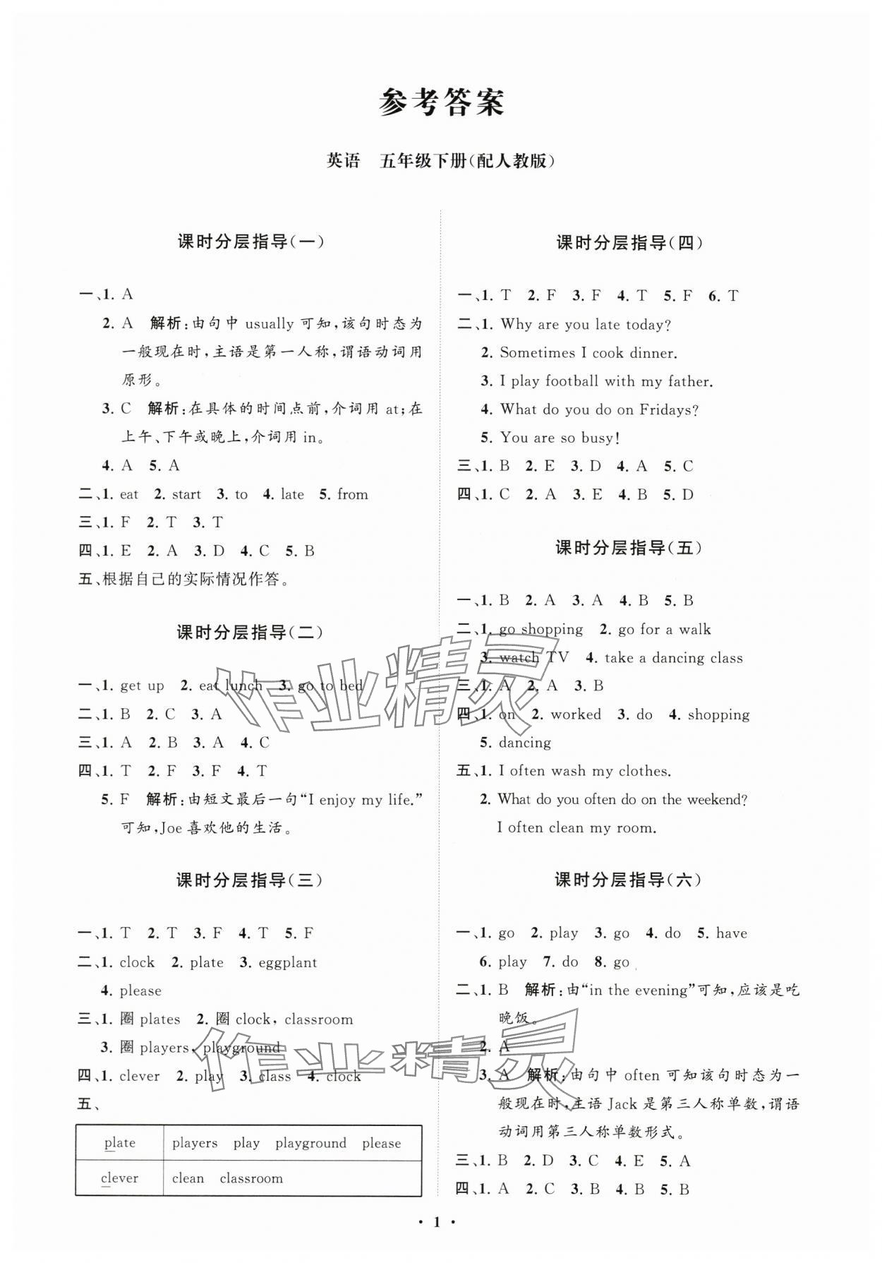 2024年同步練習(xí)冊(cè)分層指導(dǎo)五年級(jí)英語下冊(cè)人教版 參考答案第1頁