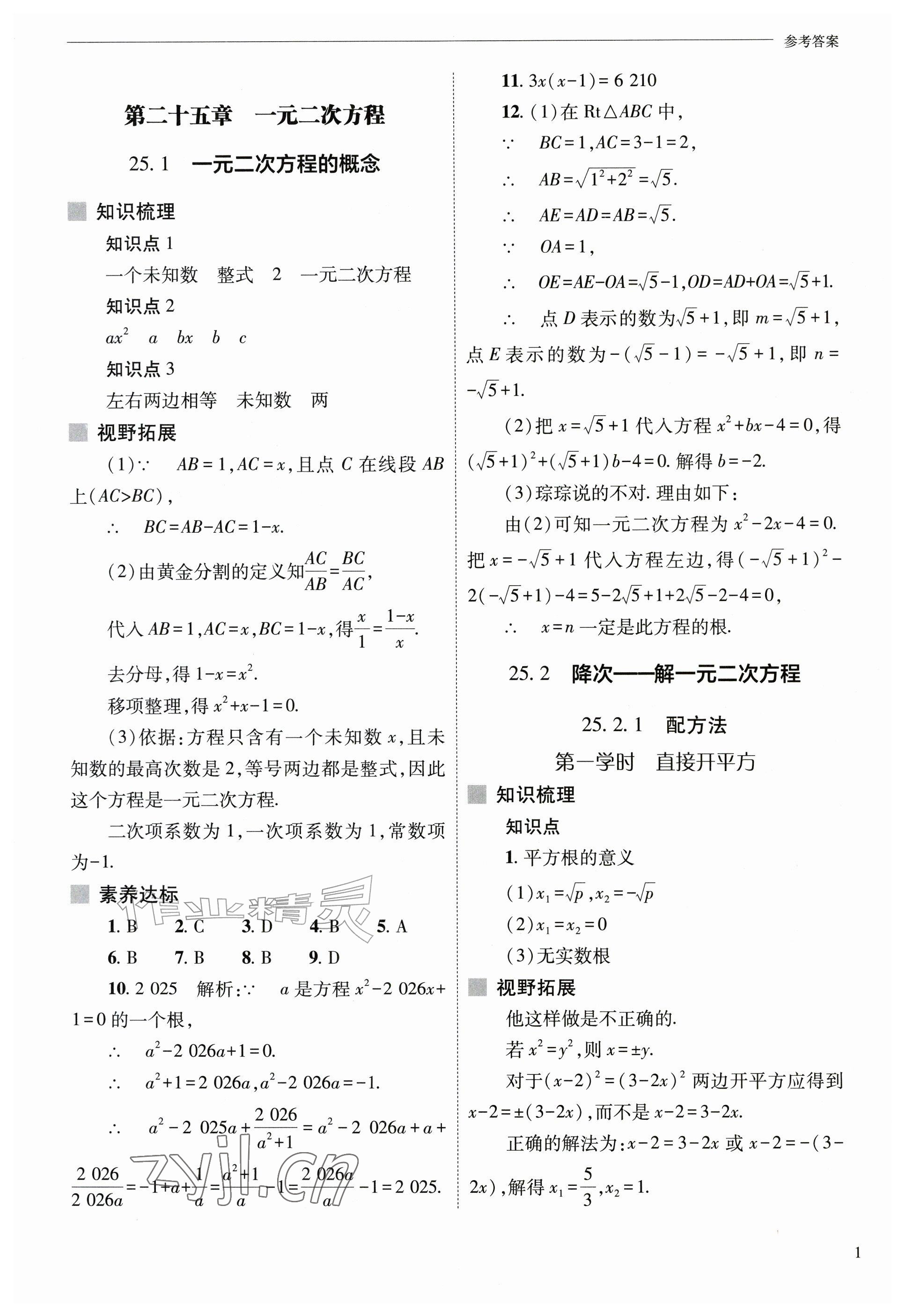 2026年新课程问题解决导学方案九年级数学上册人教版&nbsp;参考答案第1页