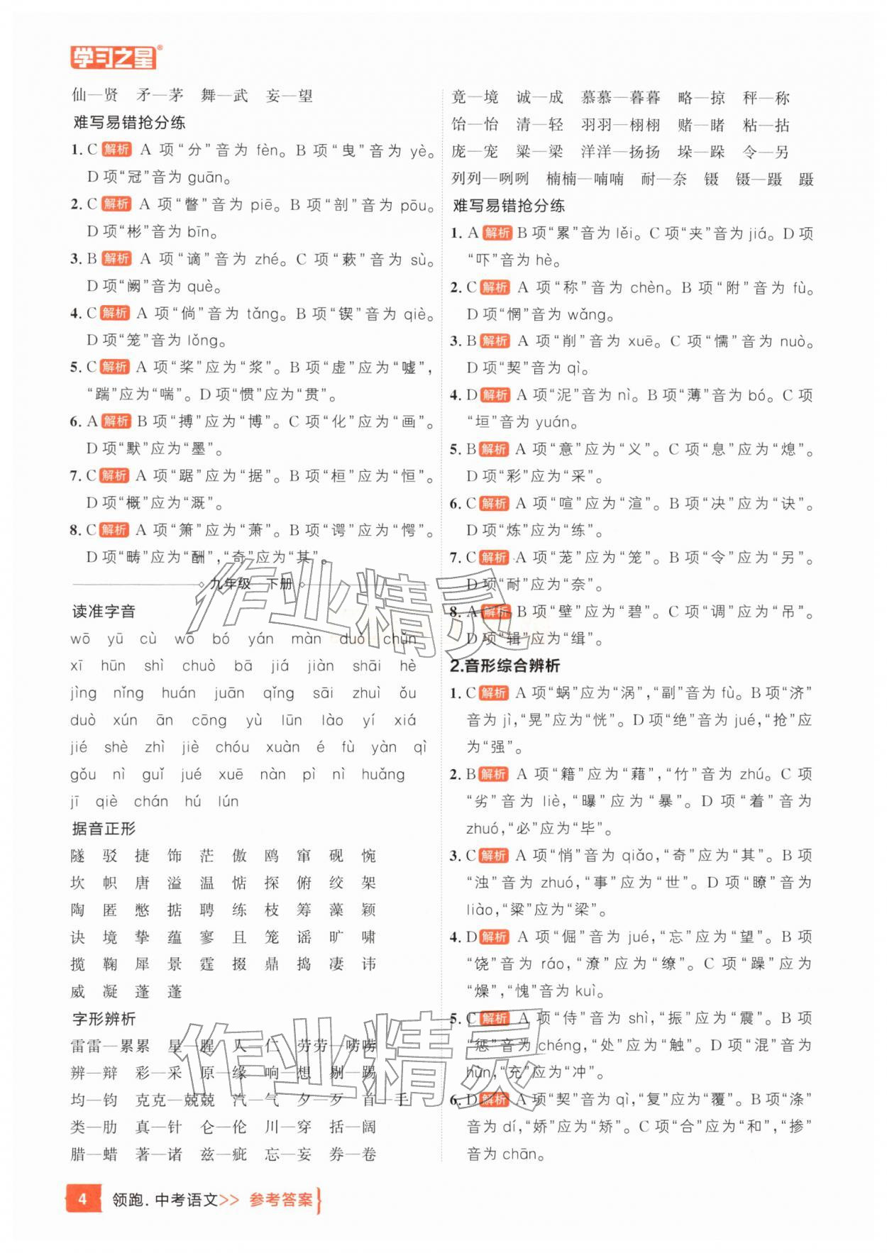 25年领跑中考语文一轮总复习辽宁专版&nbsp;参考答案第4页