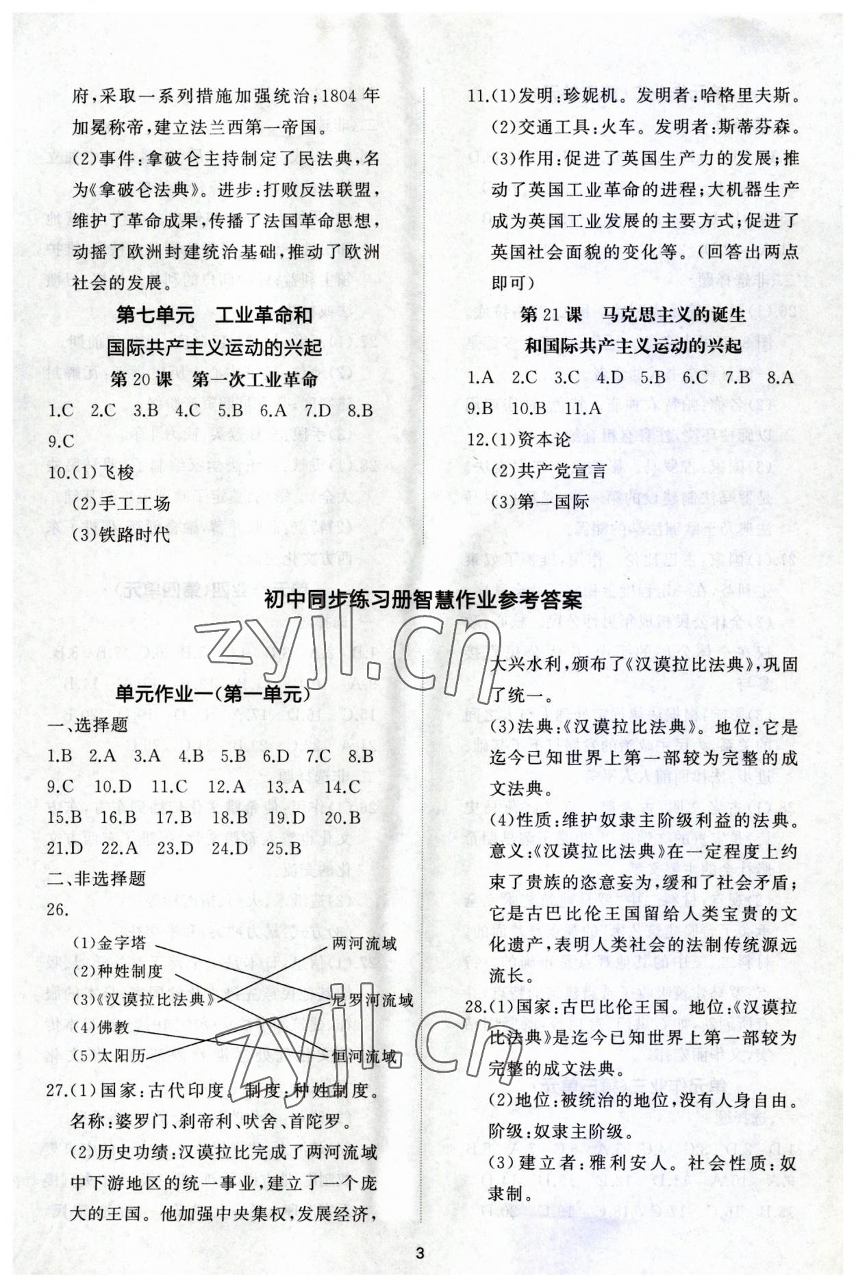 2023年同步練習冊智慧作業(yè)九年級歷史上冊人教版 參考答案第3頁