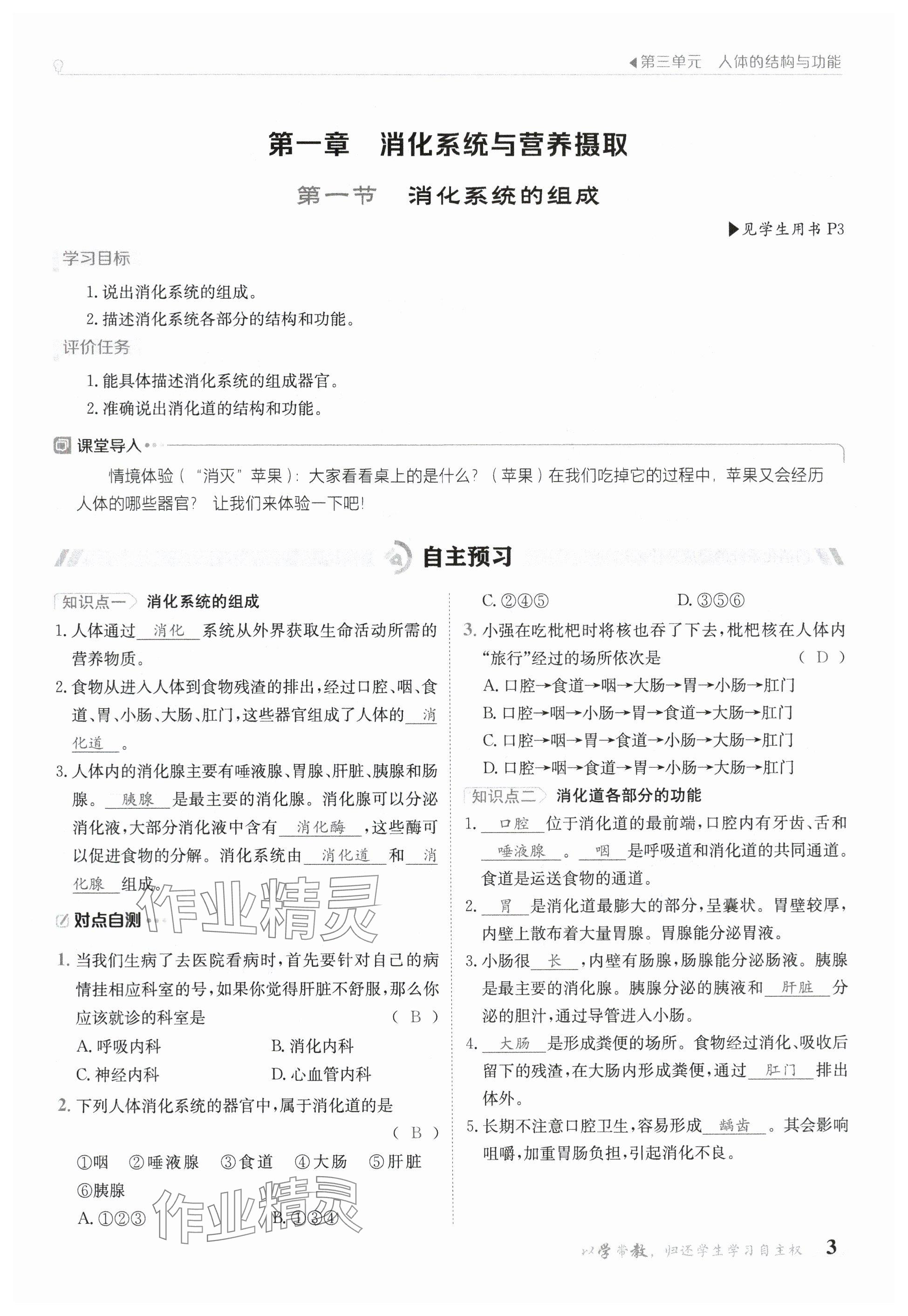2025年金太陽導學案七年級生物下冊冀少版 參考答案第3頁