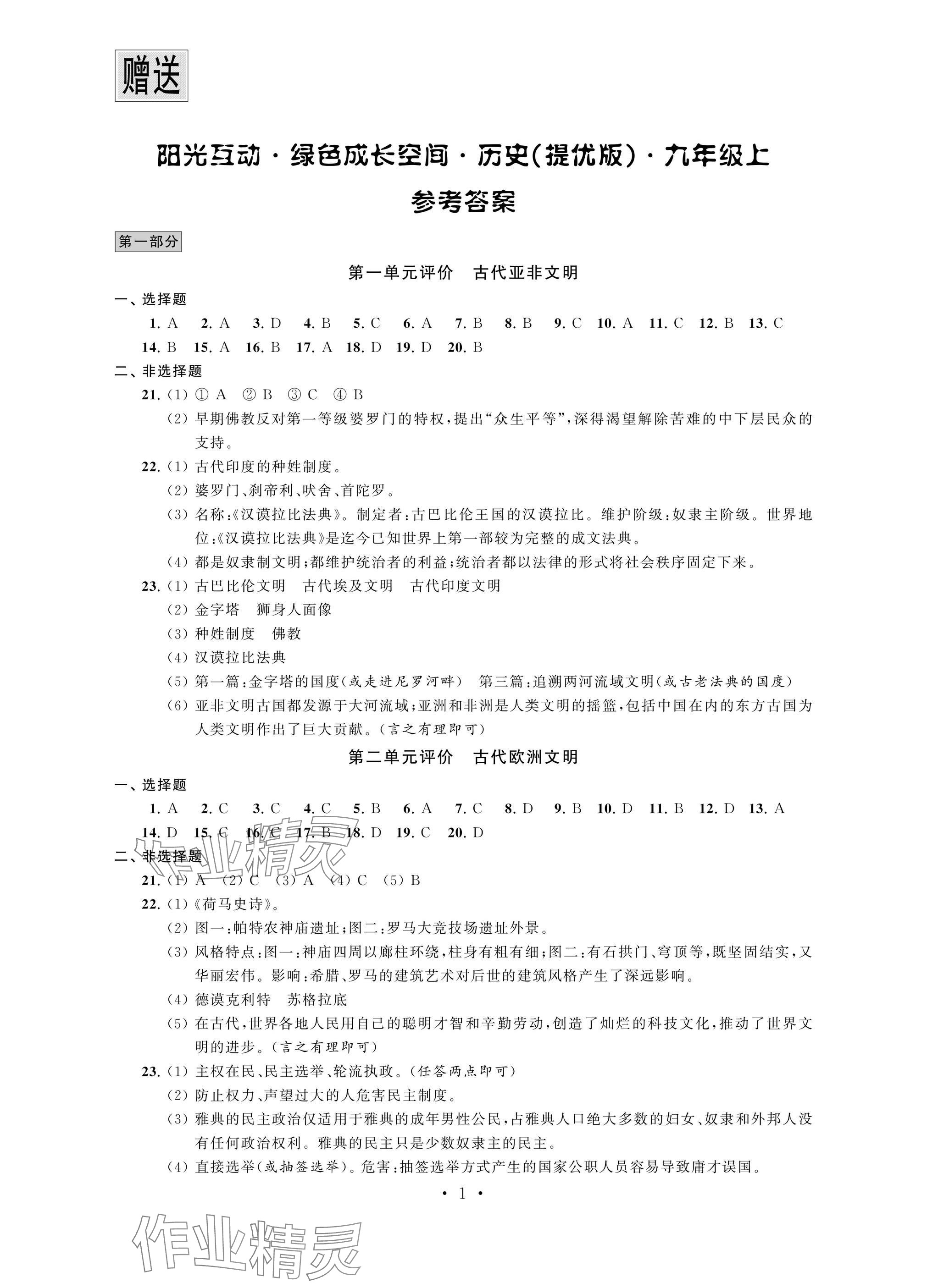 2024年阳光互动绿色成长空间九年级历史上册人教版提优版 参考答案第1页