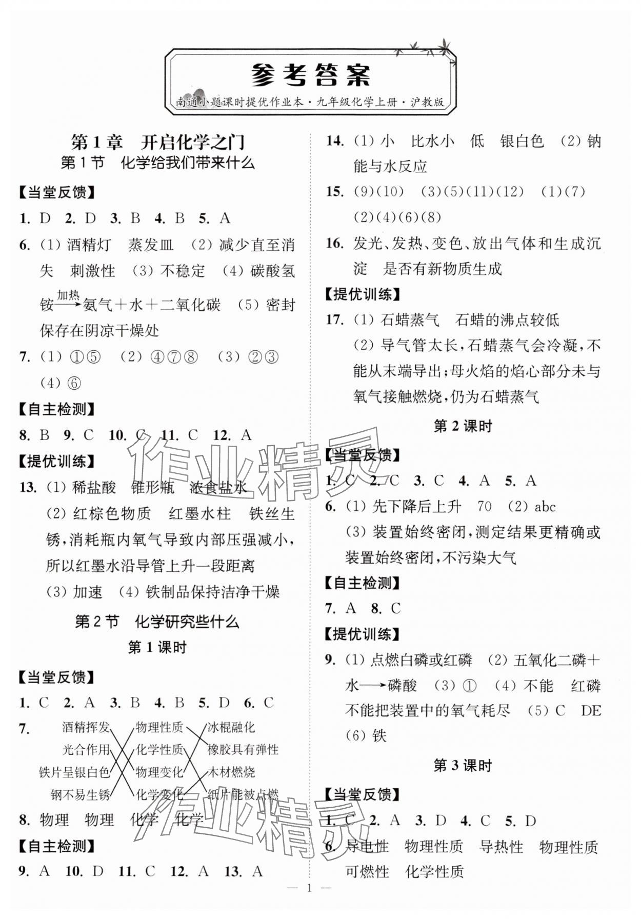 2023年南通小題課時提優(yōu)作業(yè)本九年級化學上冊滬教版 第1頁